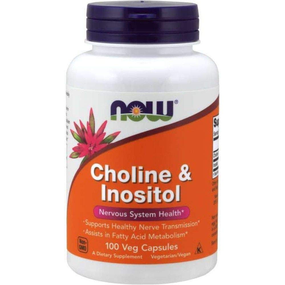 NOW Foods Colina e Inositol 500 mg, cápsulas en envase, apoyo metabólico y salud cerebral.