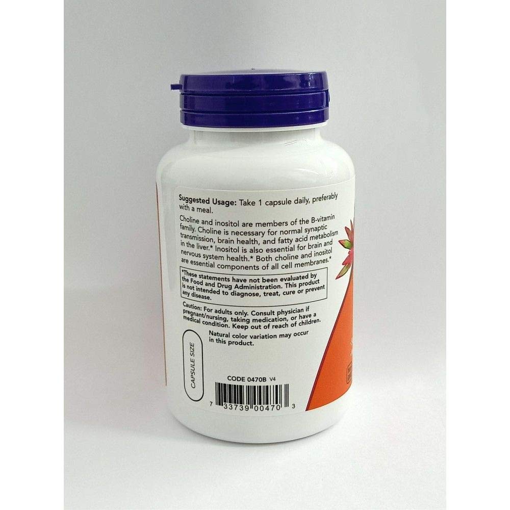 NOW Foods Colina e Inositol 500 mg, cápsulas frente, facilita la transmisión nerviosa normal.