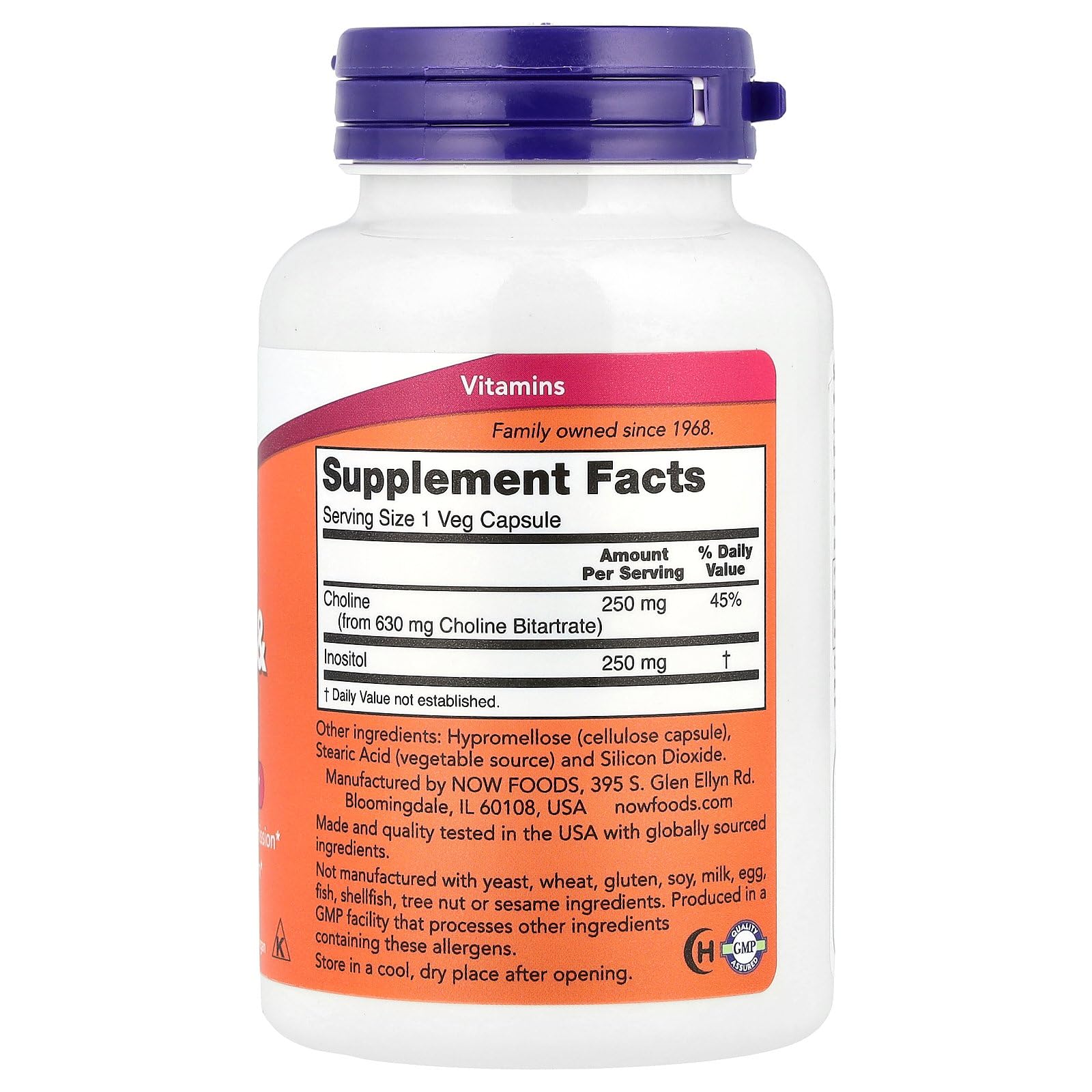 NOW Foods Colina y Inositol, cápsulas en primer plano, metabolismo de ácidos grasos.