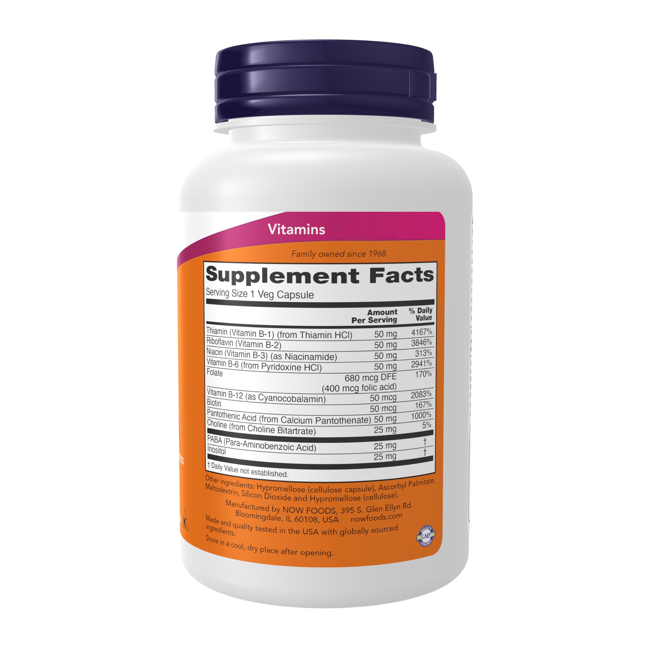 NOW Foods Complejo B en cápsulas para energía y metabolismo saludable.