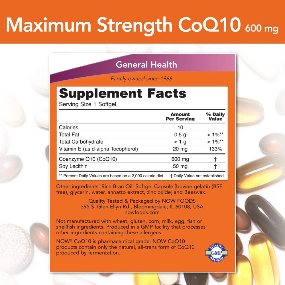 Cápsulas blandas NOW Foods CoQ10 600 mg en primer plano, para uso diario