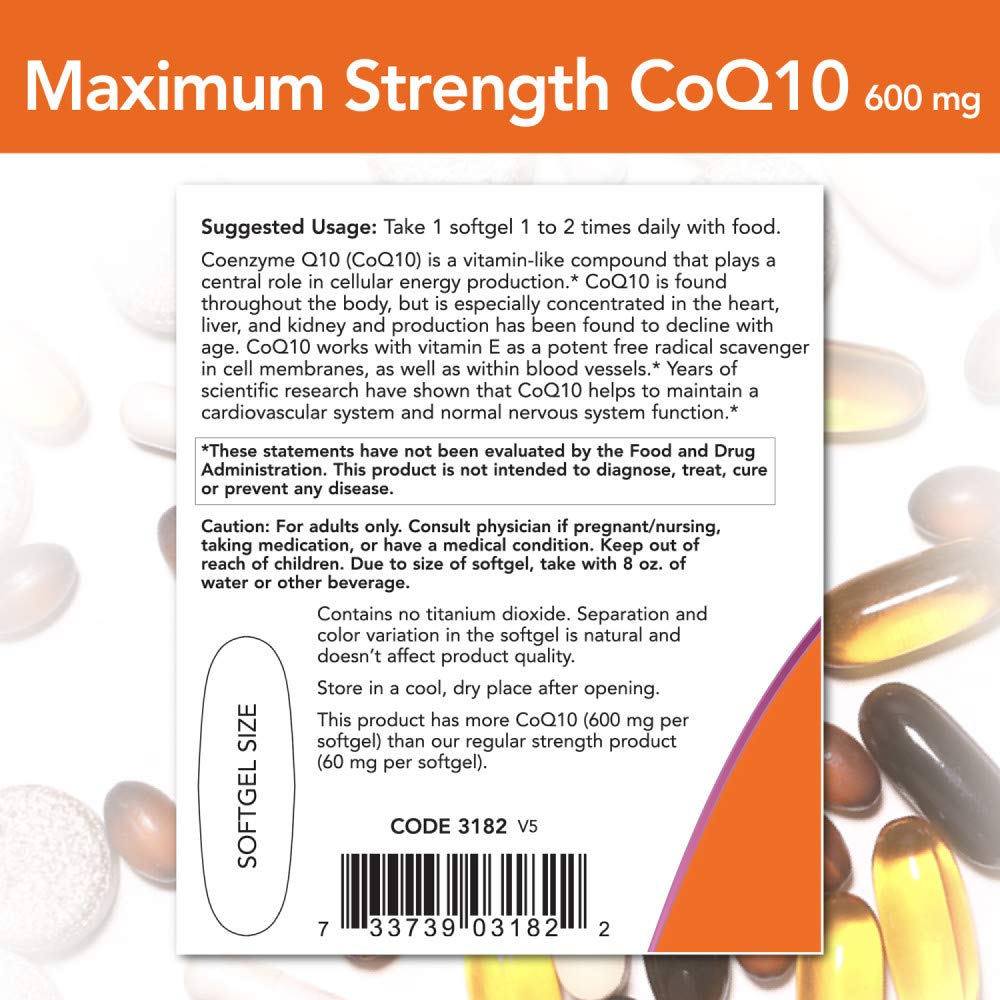 Etiqueta frontal NOW Foods CoQ10 600 mg en la botella, información de calidad