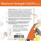 Etiqueta frontal NOW Foods CoQ10 600 mg en la botella, información de calidad