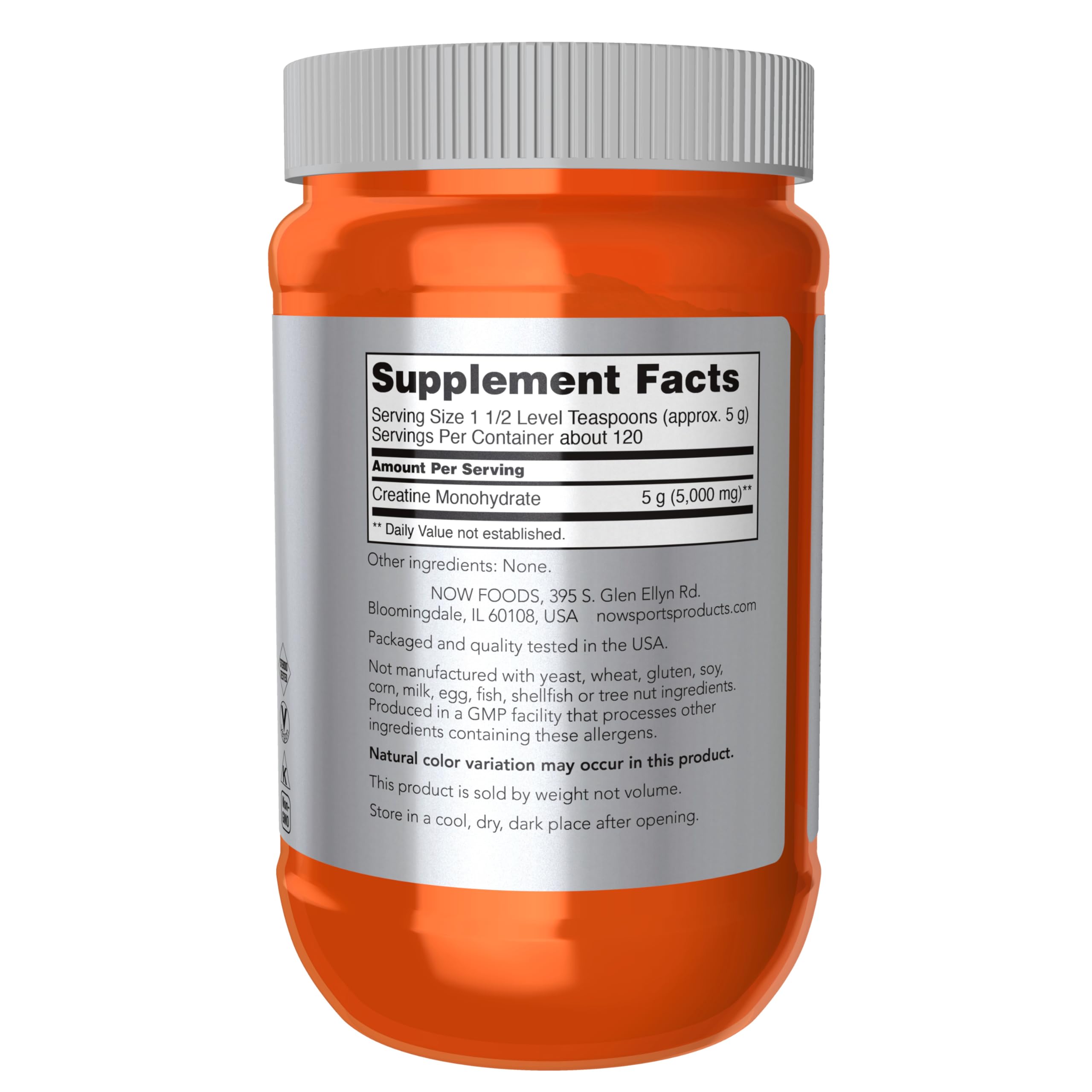 NOW Foods creatina monohidrato – cuchara medidora, dosis precisa para entreno.