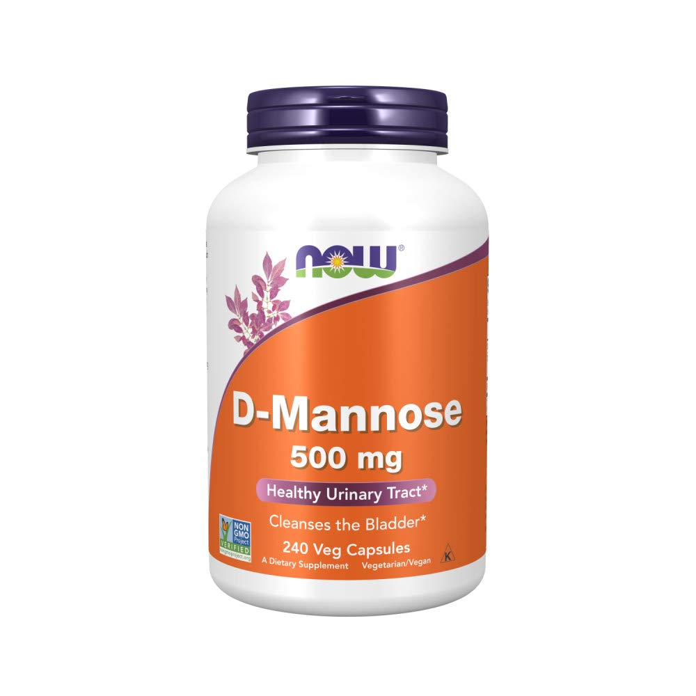 NOW Foods D-mannose 500 mg, botella, cápsulas veganas para consumo diario.