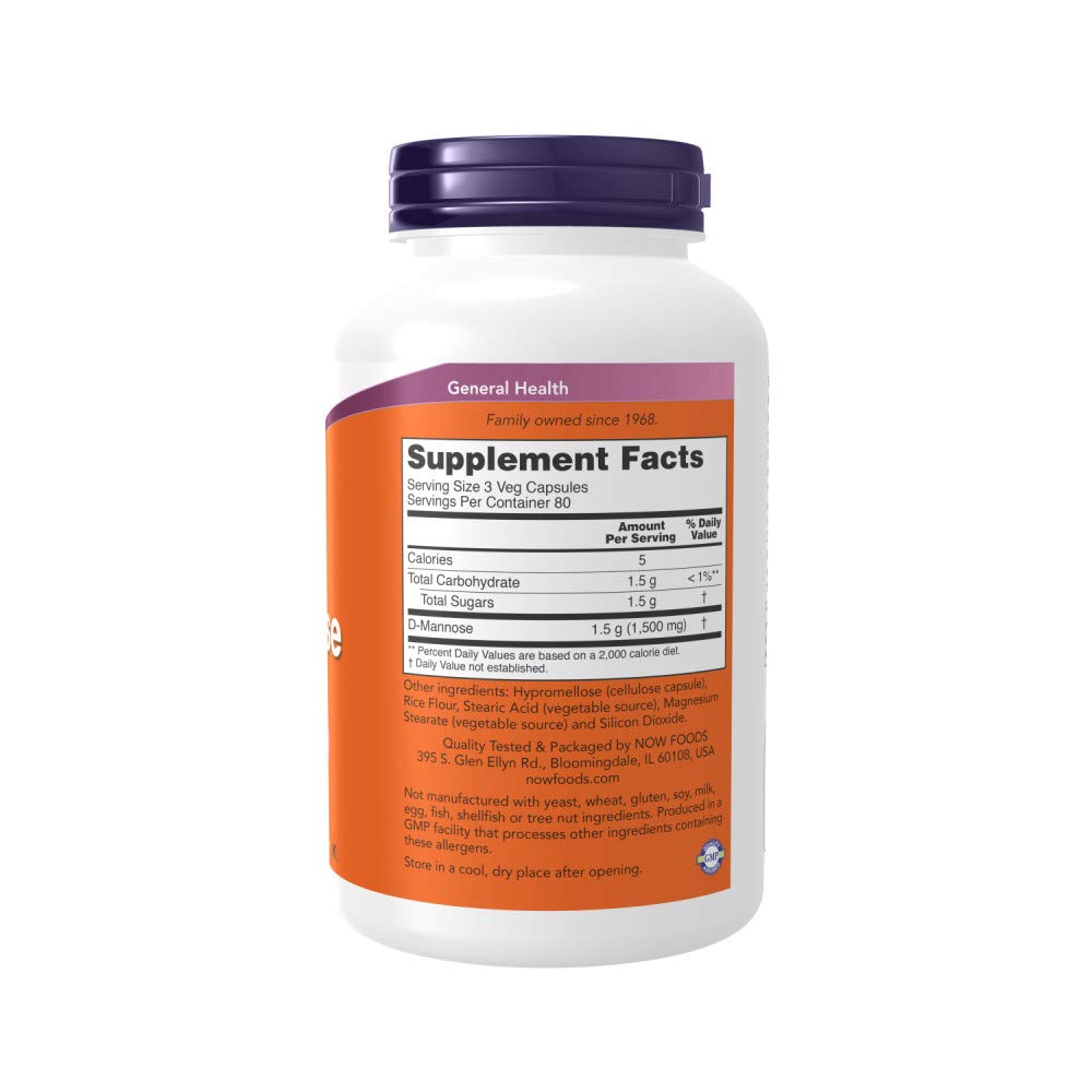 NOW Foods D-mannose 500 mg, cápsulas veganas, práctica para la rutina diaria.