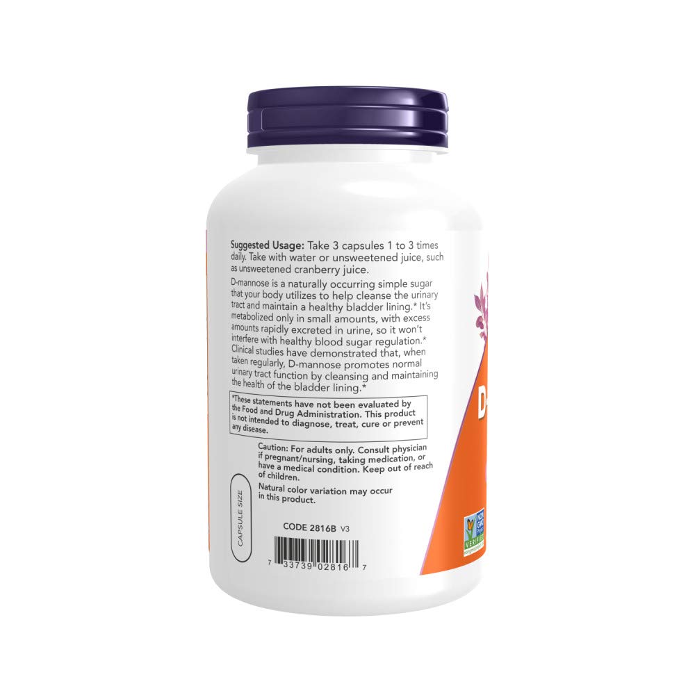 NOW Foods D-mannose 500 mg, etiqueta frontal, fácil identificación del producto.