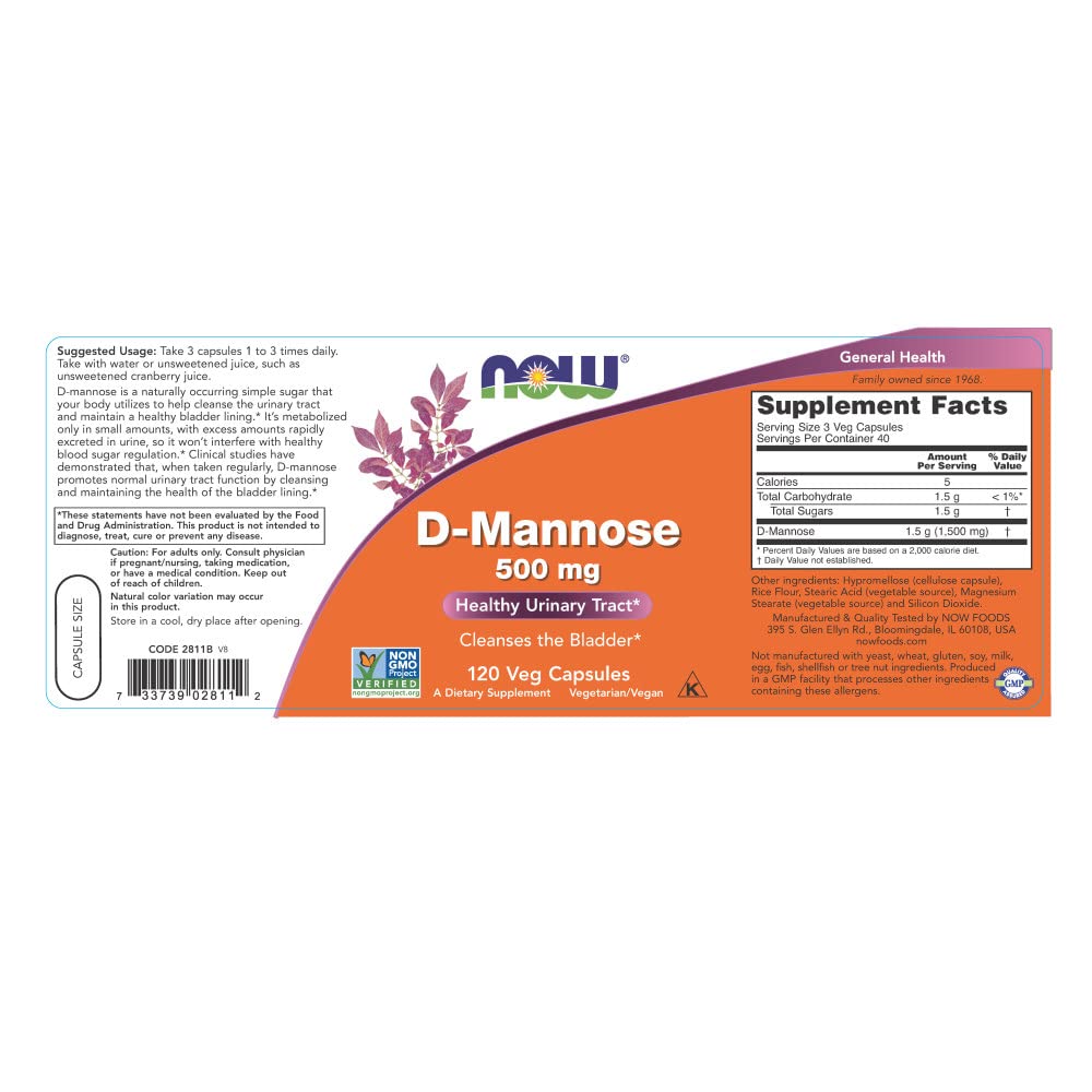 NOW Foods D-Mannose 500 mg, etiqueta, uso diario cómodo y seguro.