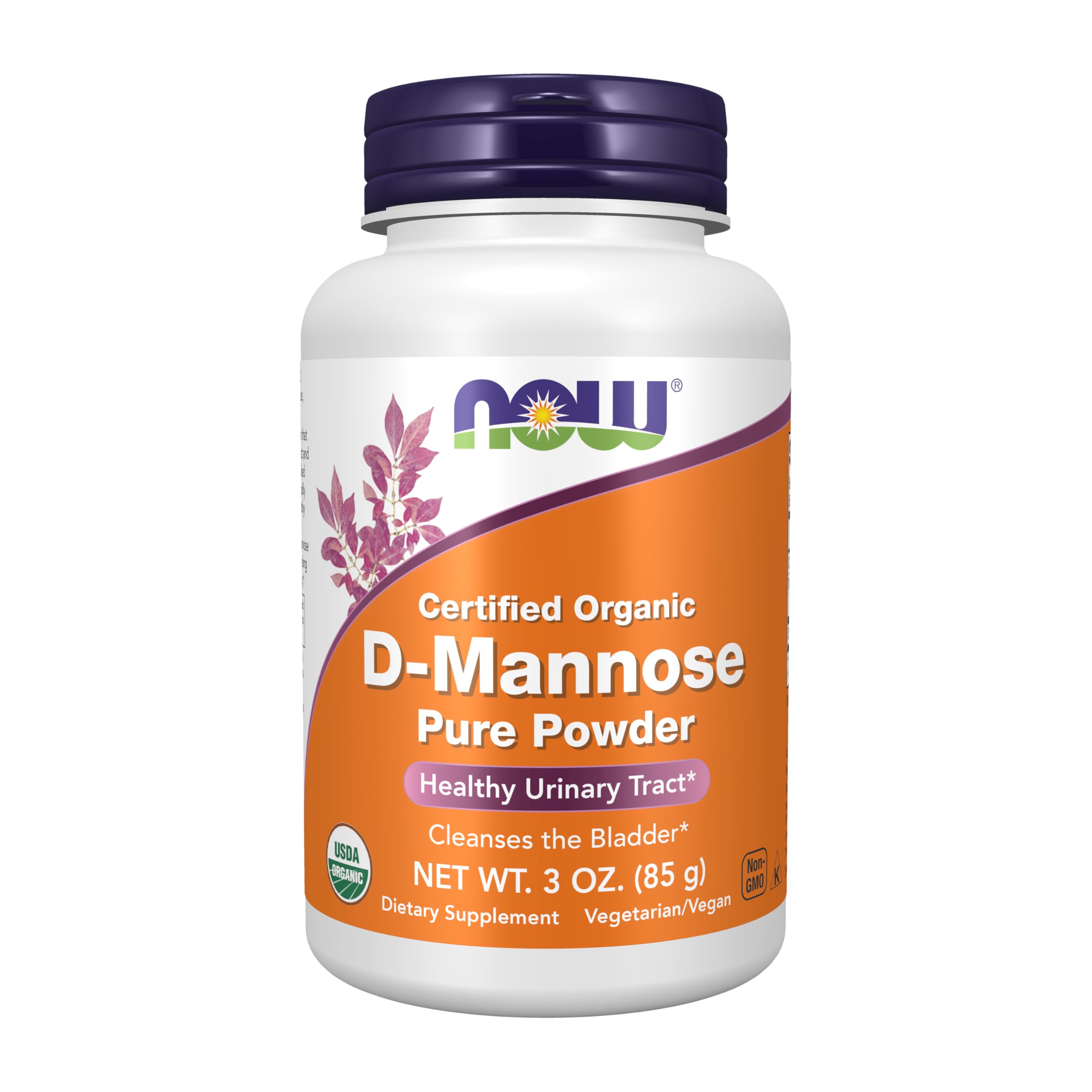 NOW Foods D‑Mannose Powder envase compacto para uso diario y posible apoyo al tracto urinario.