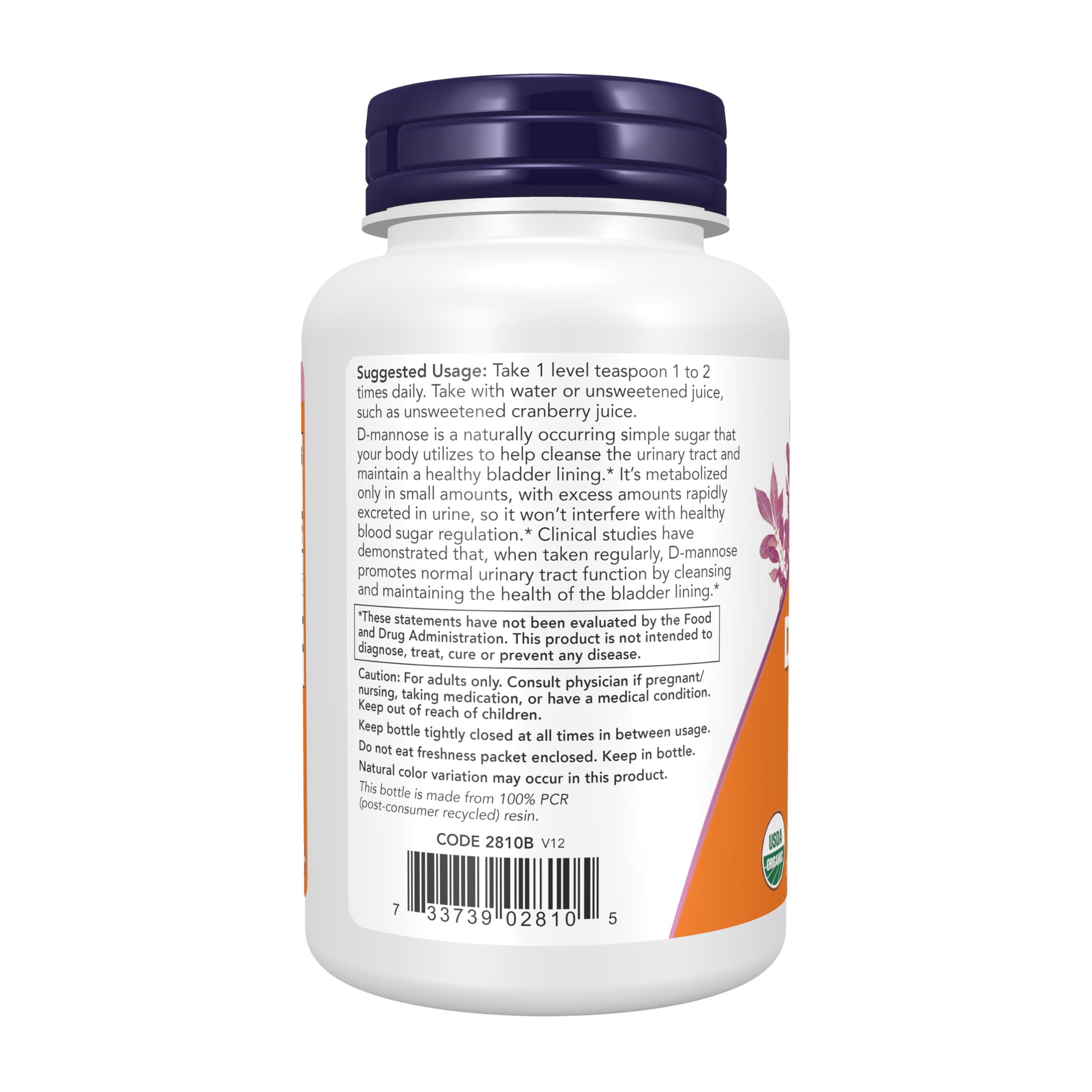 NOW Foods D‑Mannose Powder etiqueta clara para lectura rápida y uso informado.
