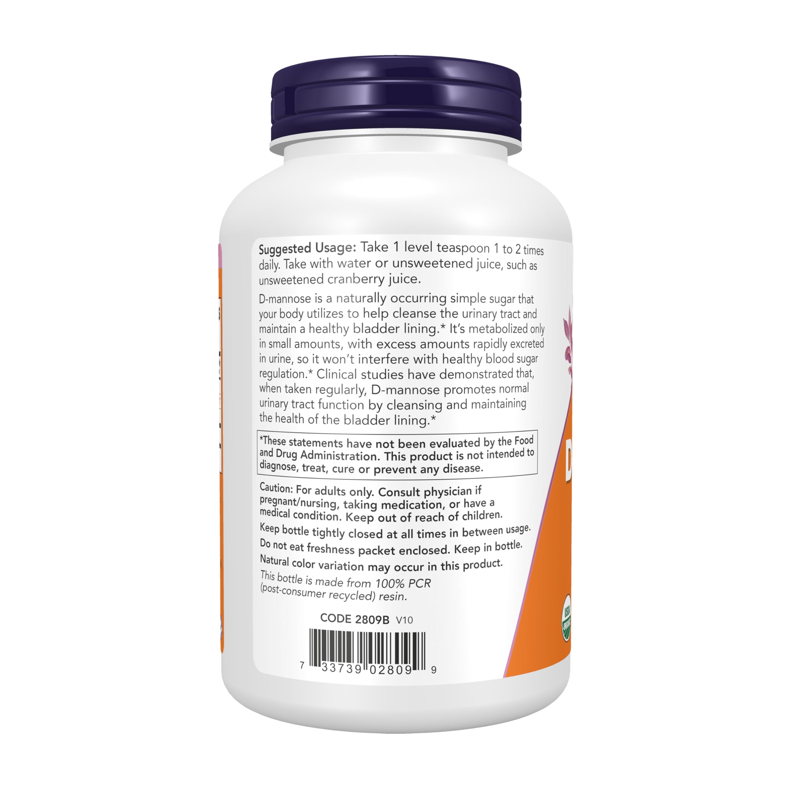 Polvo blanco de NOW Foods D-Mannose en polvo, listo para mezclar.
