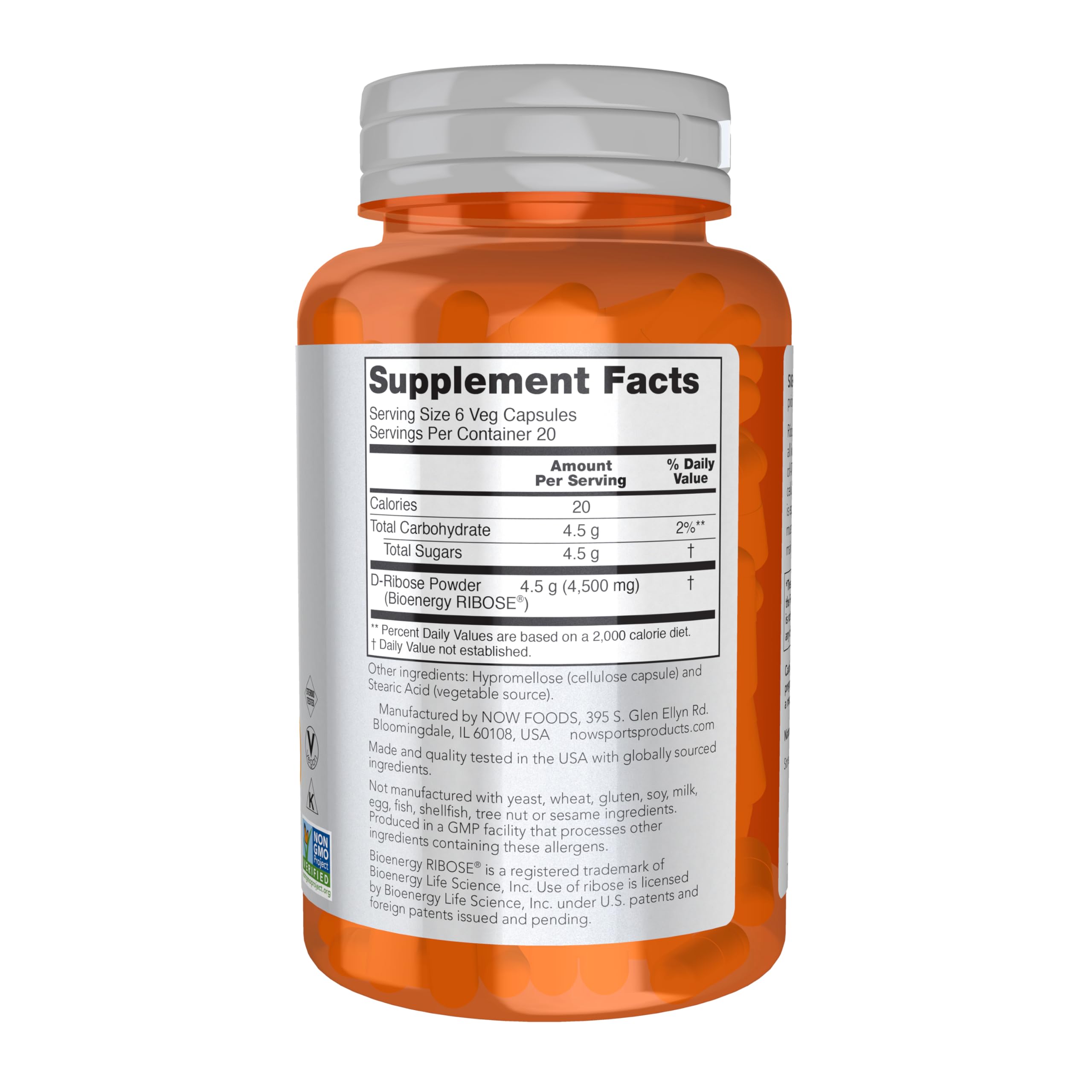 NOW Foods D-Ribosa 750 mg caja: empaque compacto para uso diario