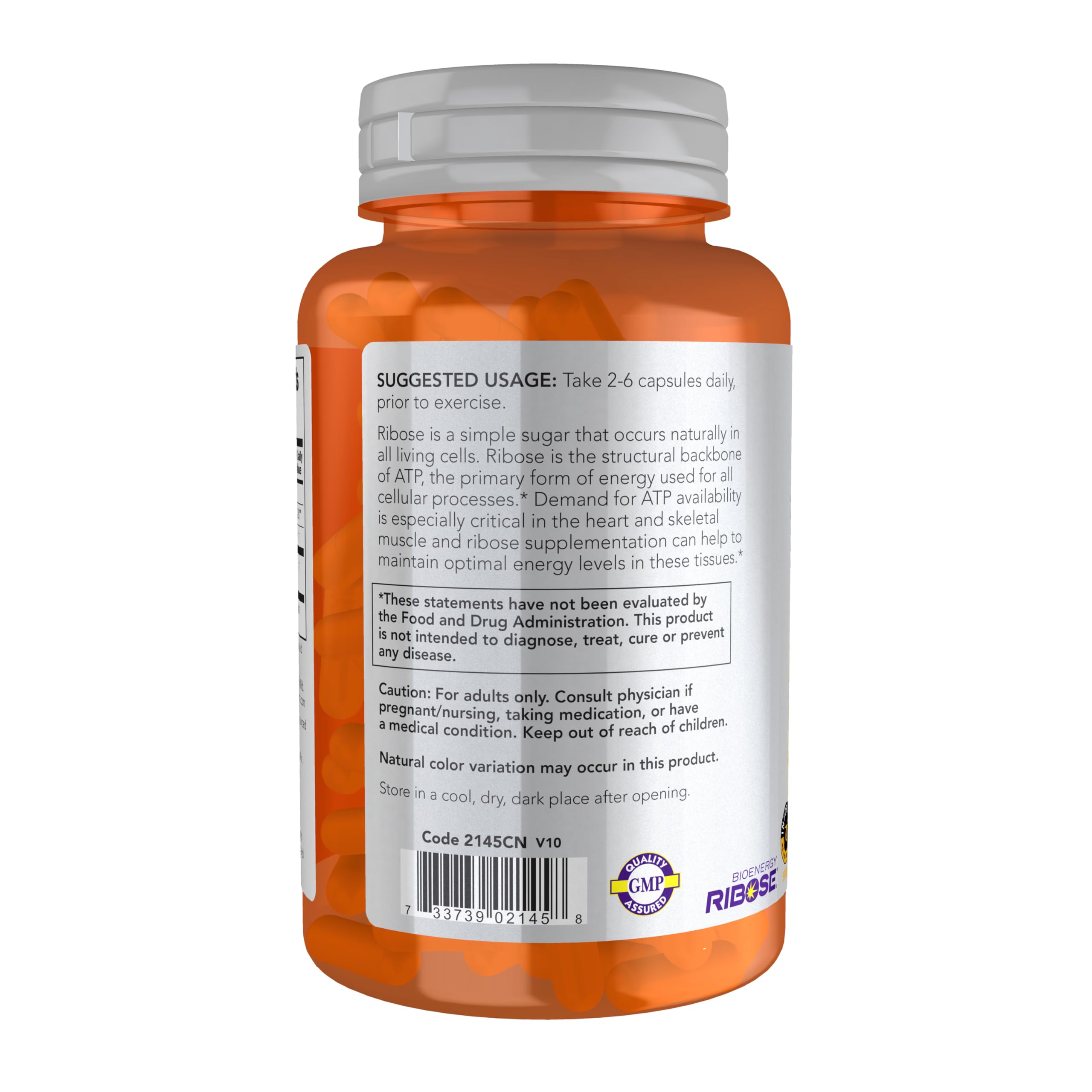 NOW Foods D-Ribosa 750 mg etiqueta frontal: dosis y atributos visibles