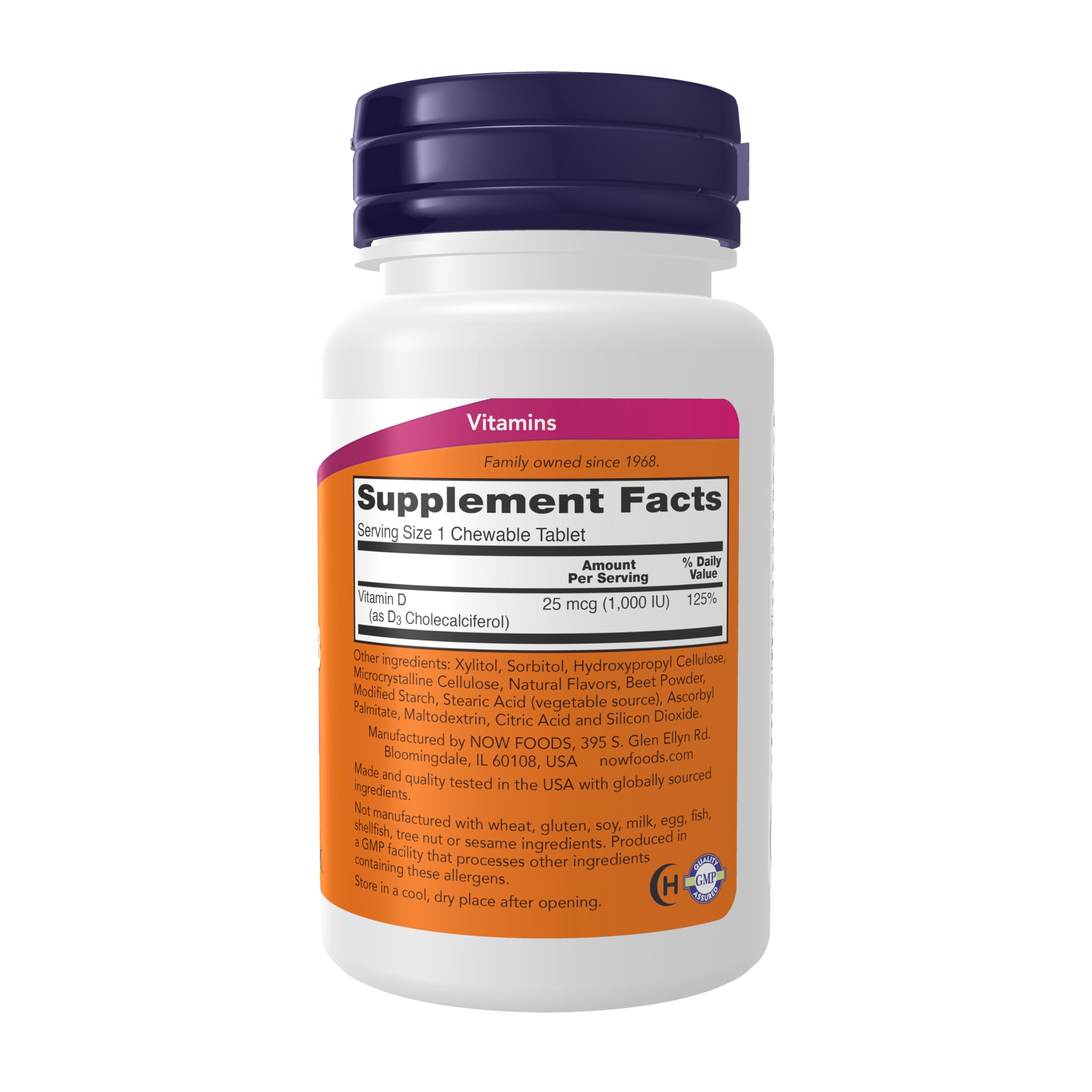 NOW Foods Vitamina D-3, sabor fruta, masticables para dientes sanos