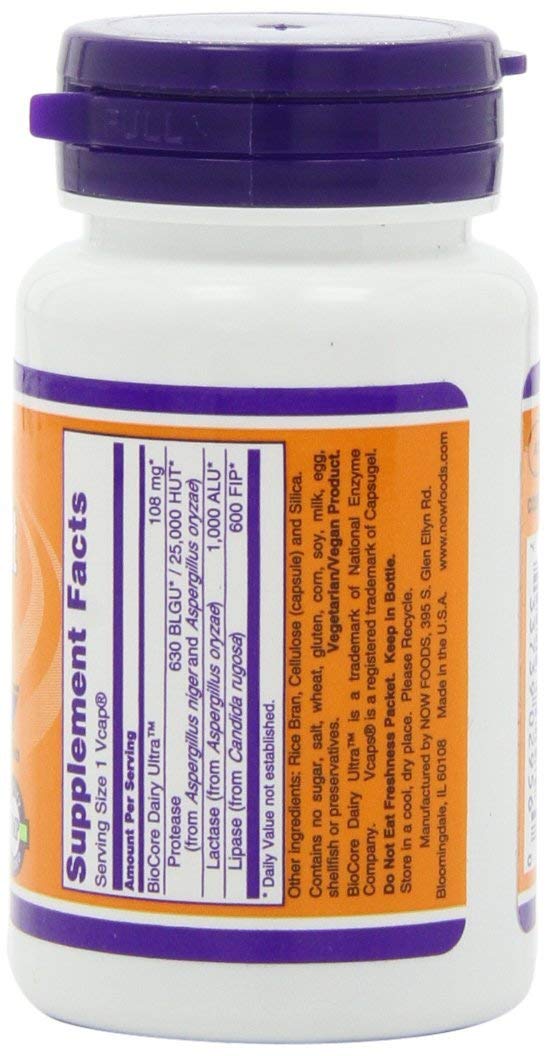 NOW Foods Dairy Digest Complete etiqueta con enzimas para lácteos.