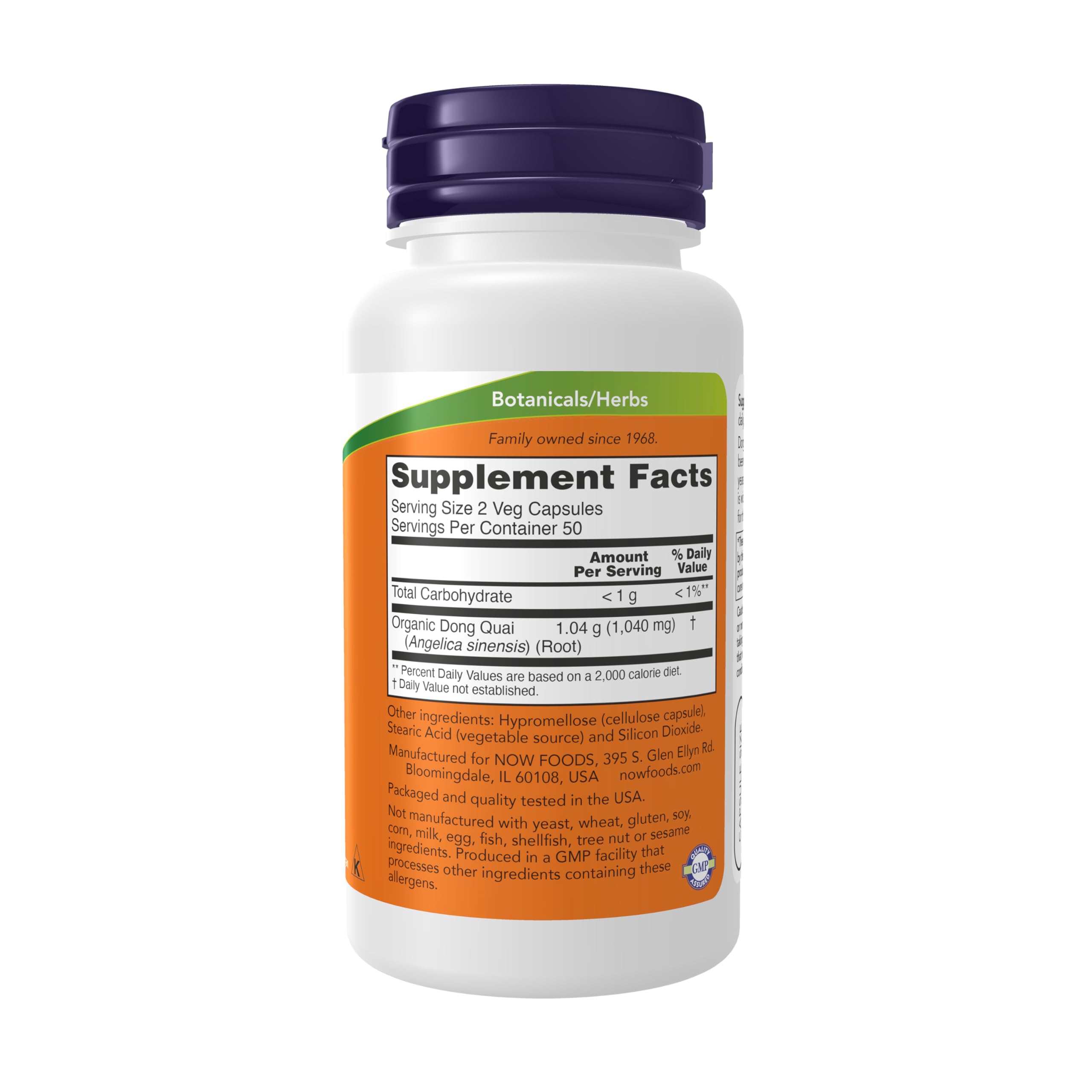 NOW Foods Dong Quai 520 mg, etiqueta visible, énfasis en calidad y seguridad del producto.