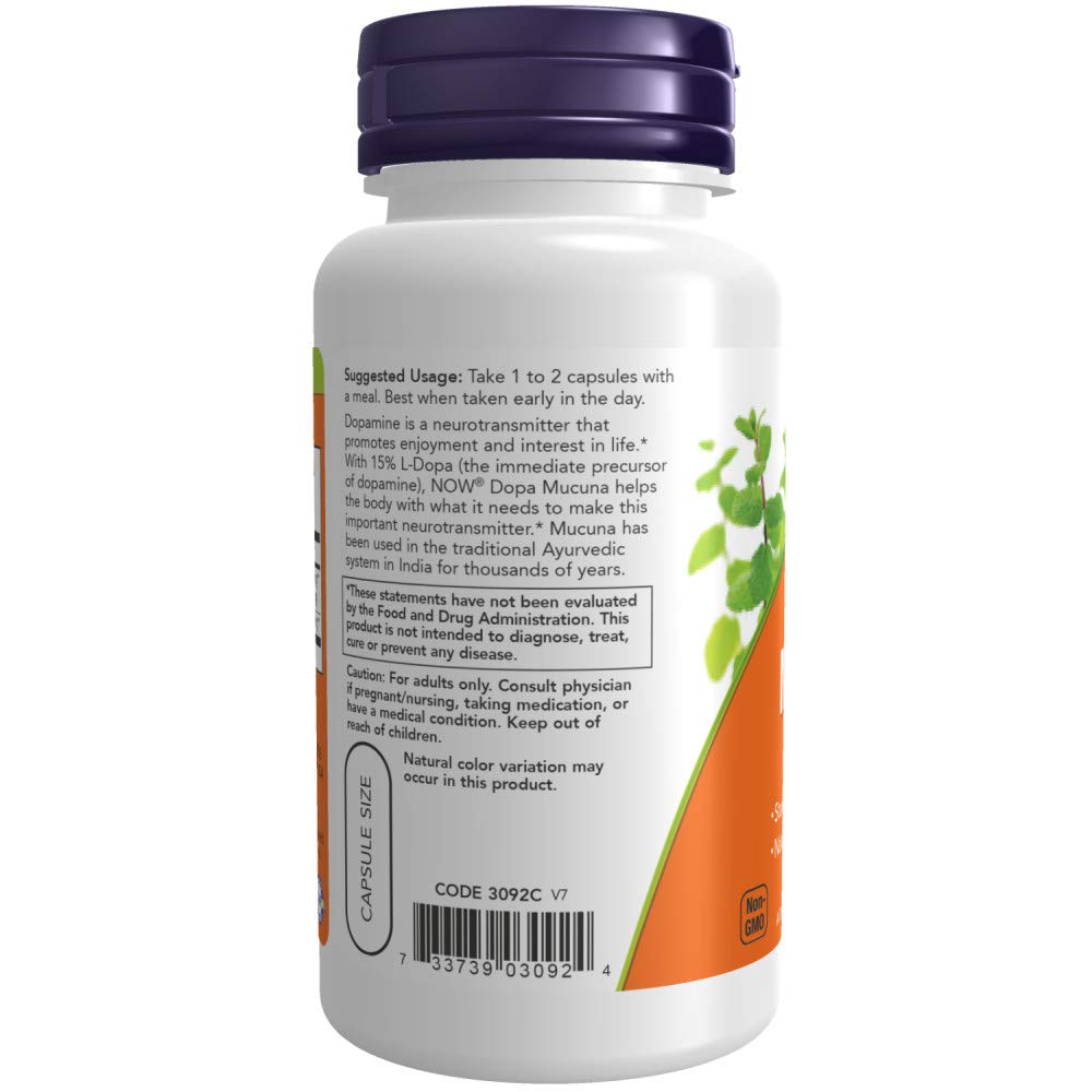 NOW Foods DOPA Mucuna, etiqueta trasera, información clara sobre uso recomendado.