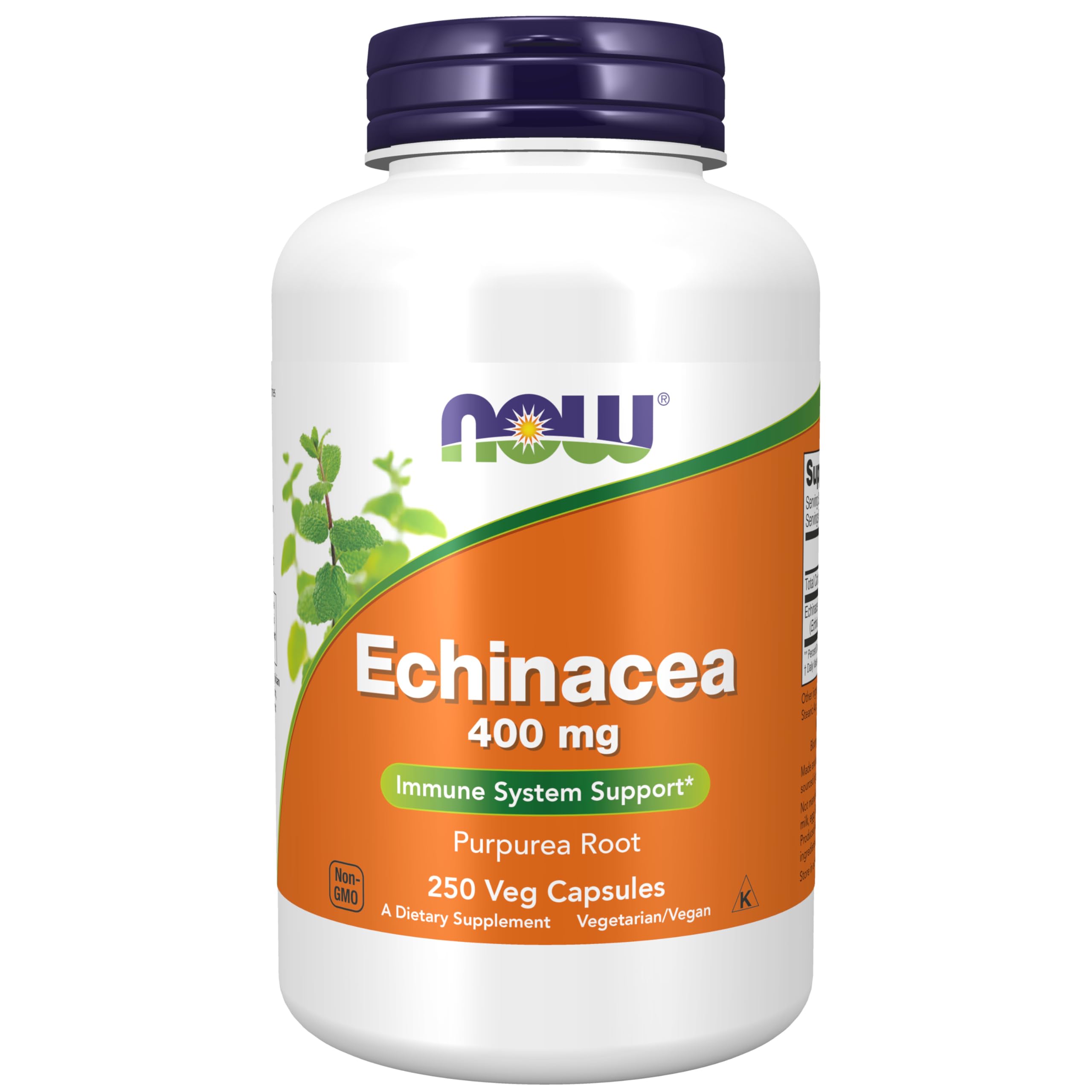 NOW Foods Echinacea raíz Purpurea, botella de cápsulas para apoyo diario del sistema inmunológico.