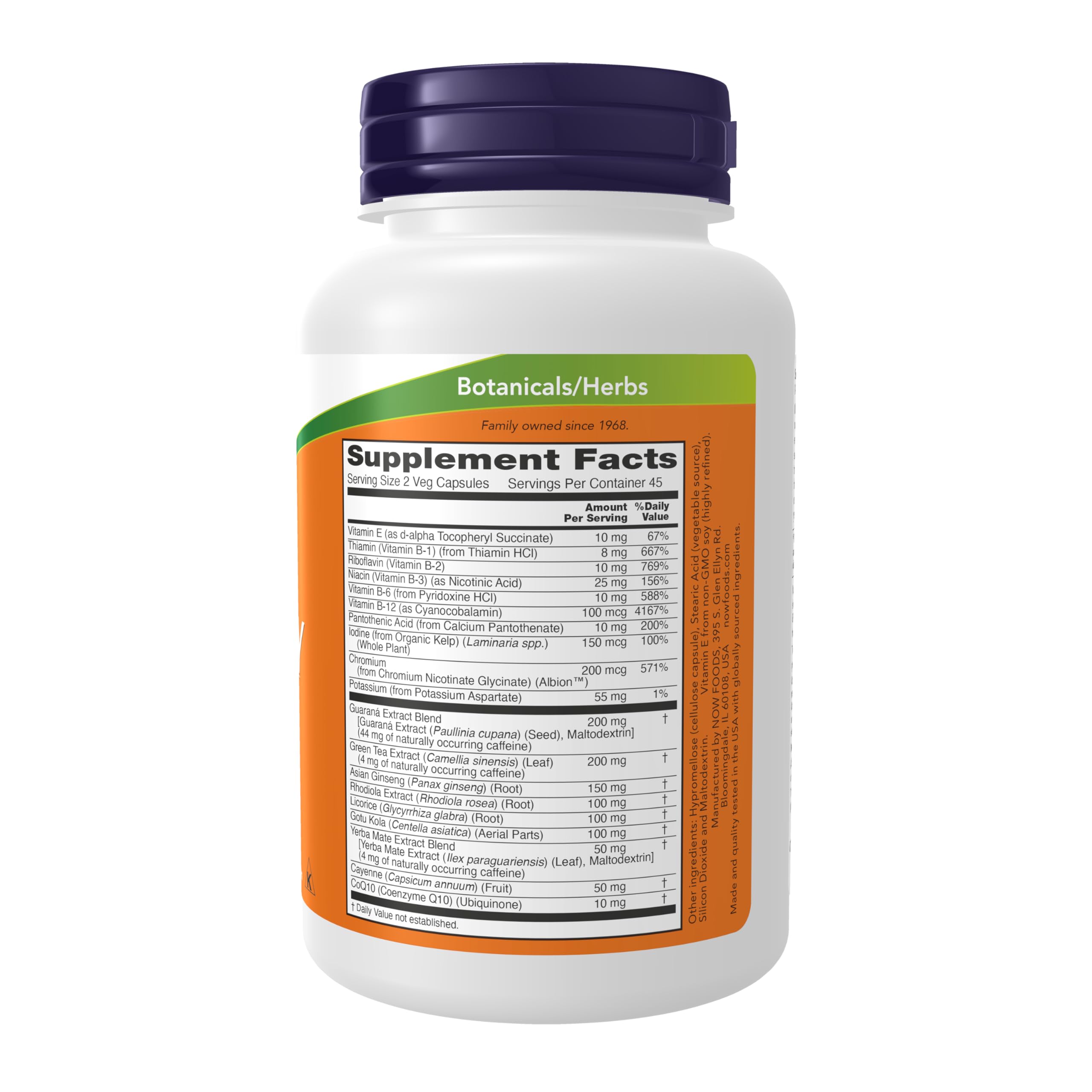 NOW Foods Energy: etiqueta de nutrientes clave para energía sostenida