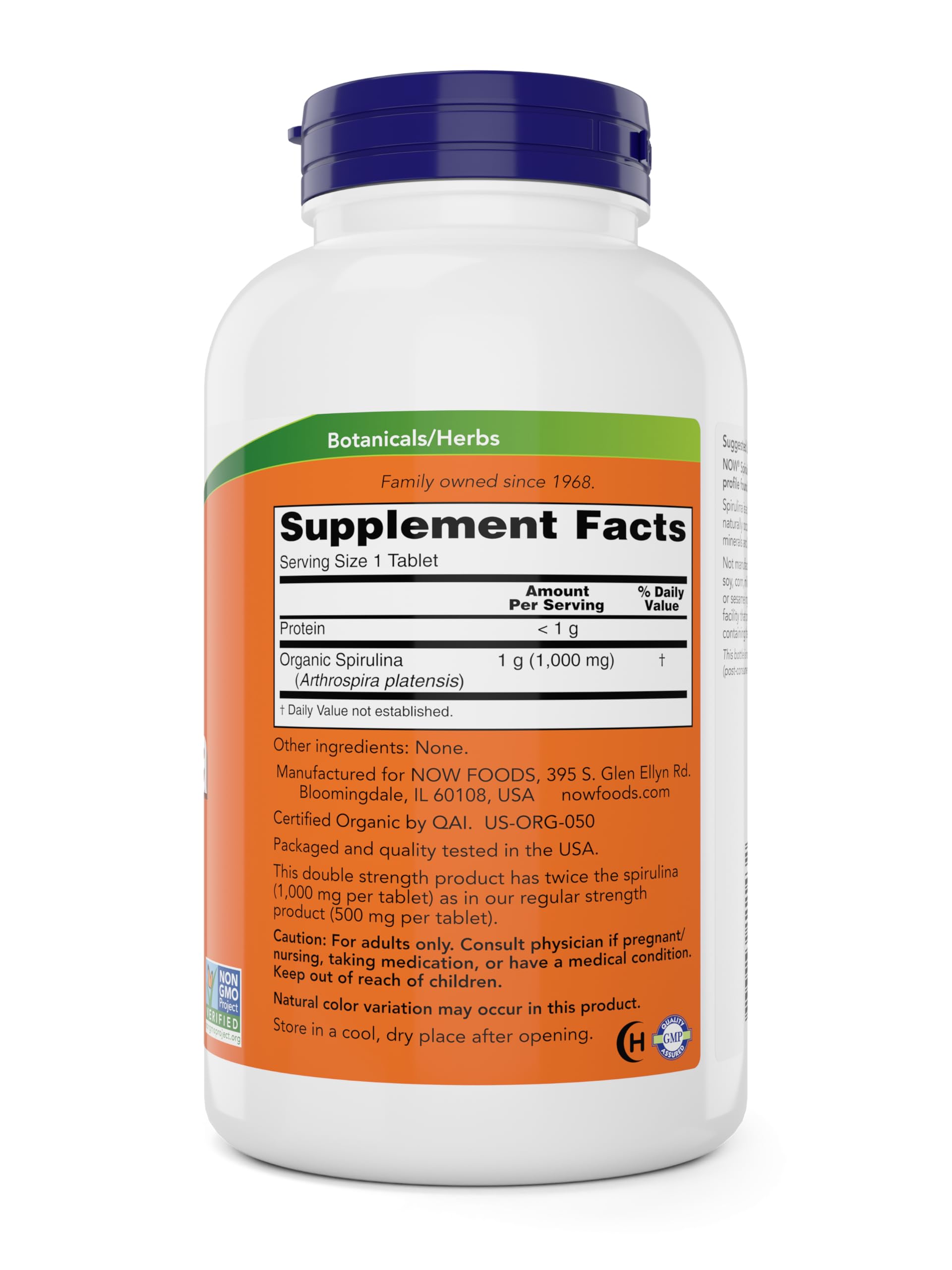 NOW Foods Espirulina Orgánica 1000 mg, botella de 300 comprimidos.
