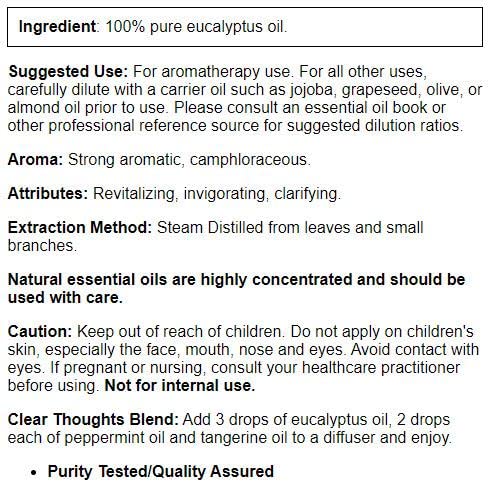 NOW Foods aceite esencial de eucalipto, primer plano de botella, ideal para difusor y limpieza suave