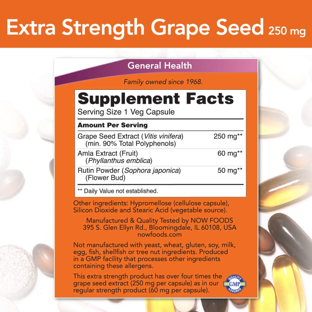 NOW Foods Extracto de Semilla de Uva cápsulas de 250 mg, formato concentrado para uso diario