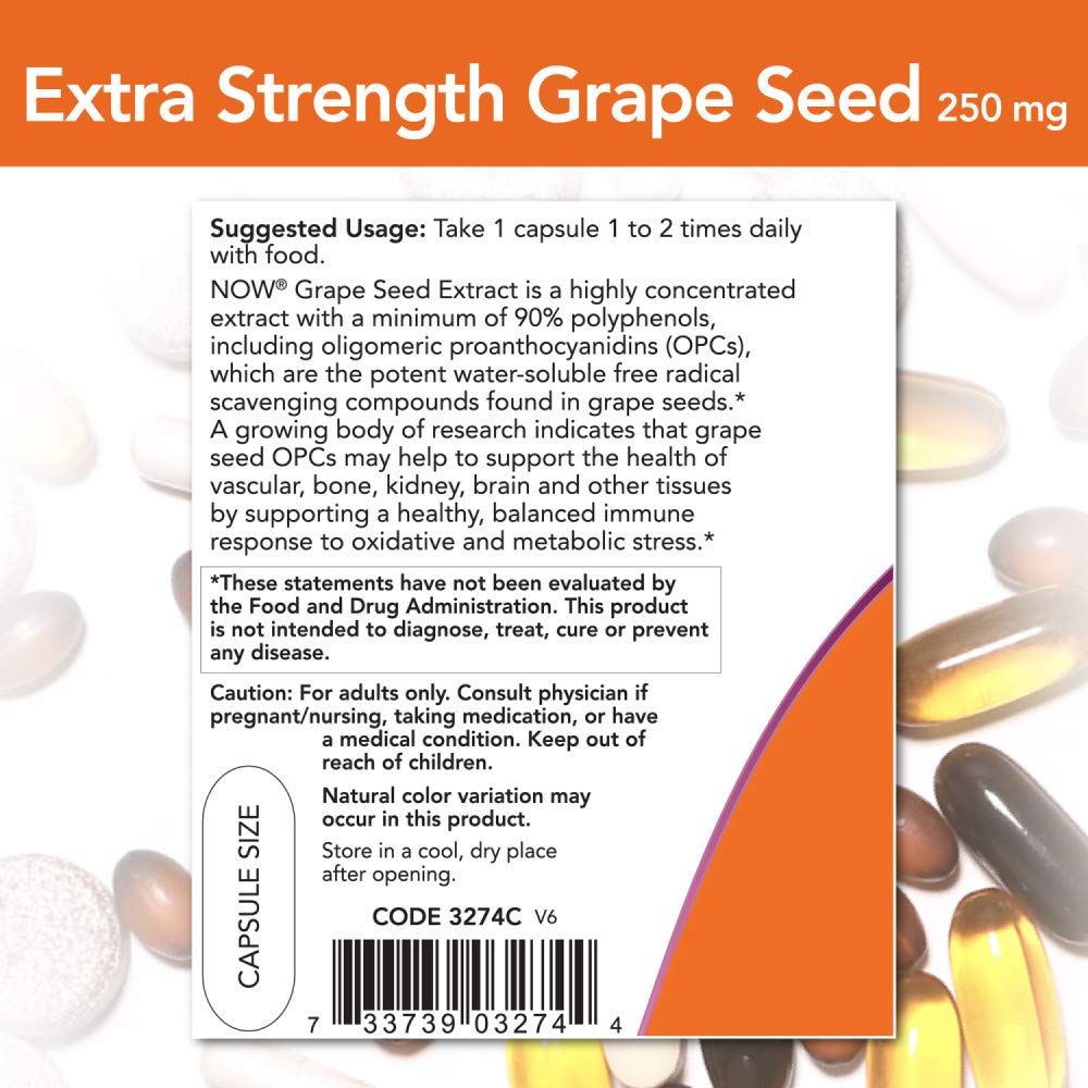NOW Foods Extracto de Semilla de Uva etiqueta reverso, certificaciones y contenido visibles