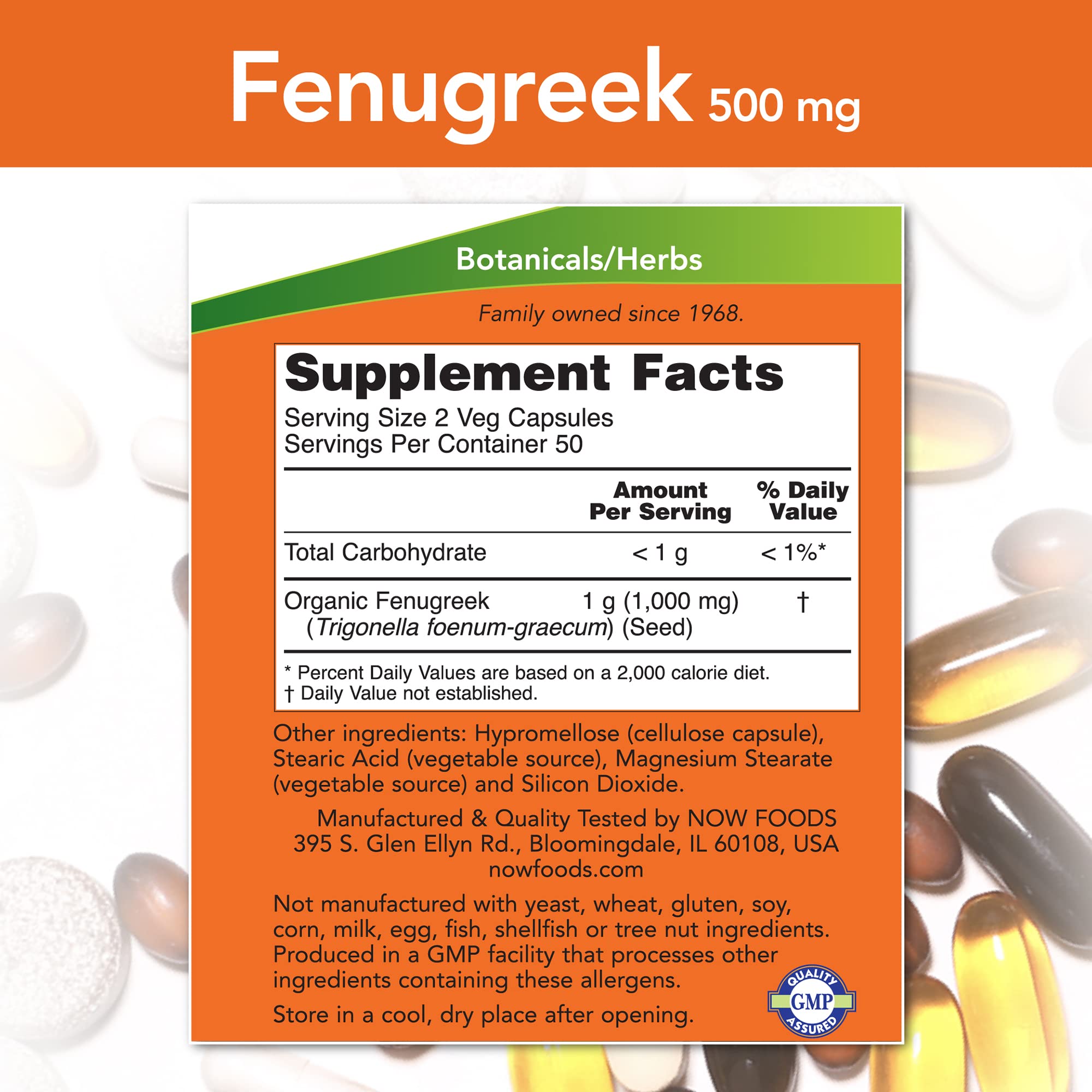 NOW Foods Fenogreco 500 mg, etiqueta detallada con indicaciones para té.