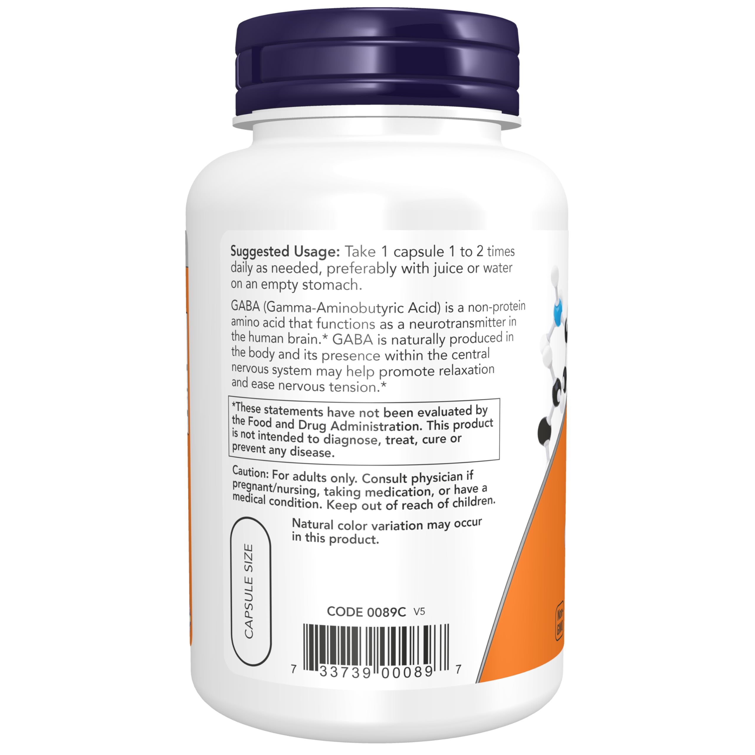 Now Foods Gaba 750 mg: botella con cápsulas veganas para conveniencia diaria