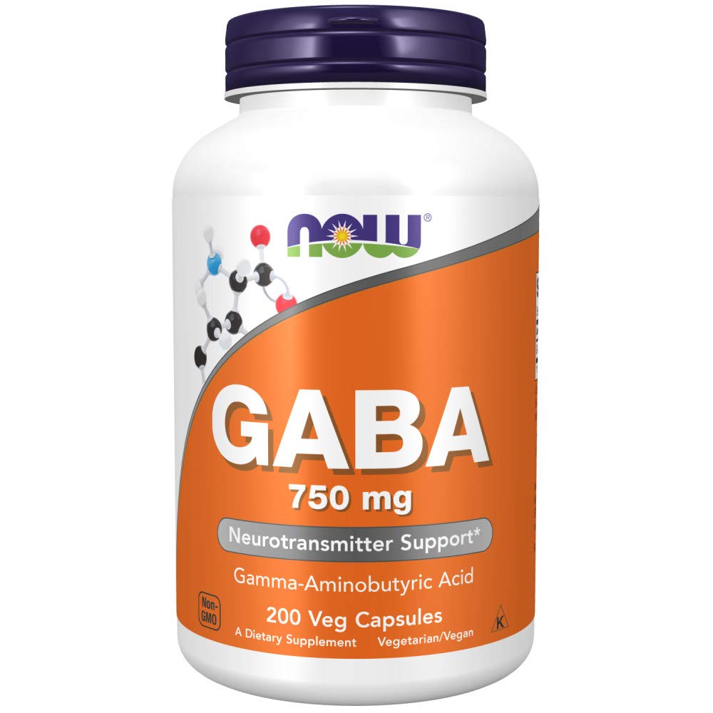 NOW Foods GABA 750 mg, botella con cápsulas veganas para relajación diaria.