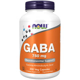 NOW Foods GABA 750 mg, botella con cápsulas veganas para relajación diaria.