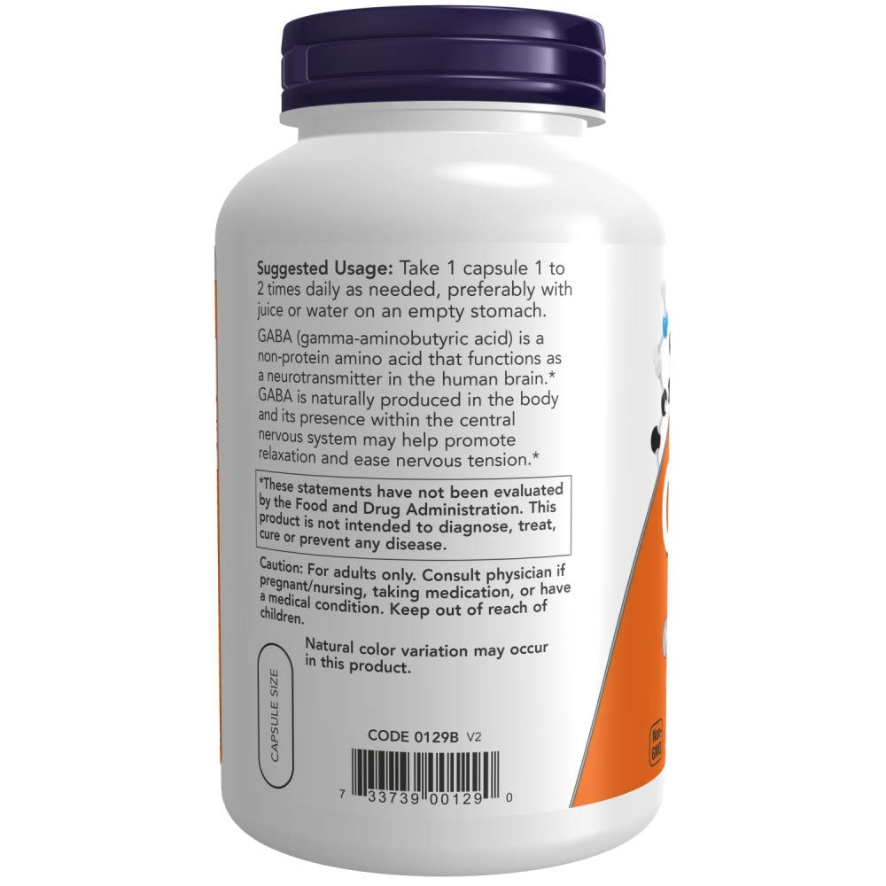 NOW Foods GABA 750 mg, etiqueta que destaca certificaciones kosher y sin OGMs.