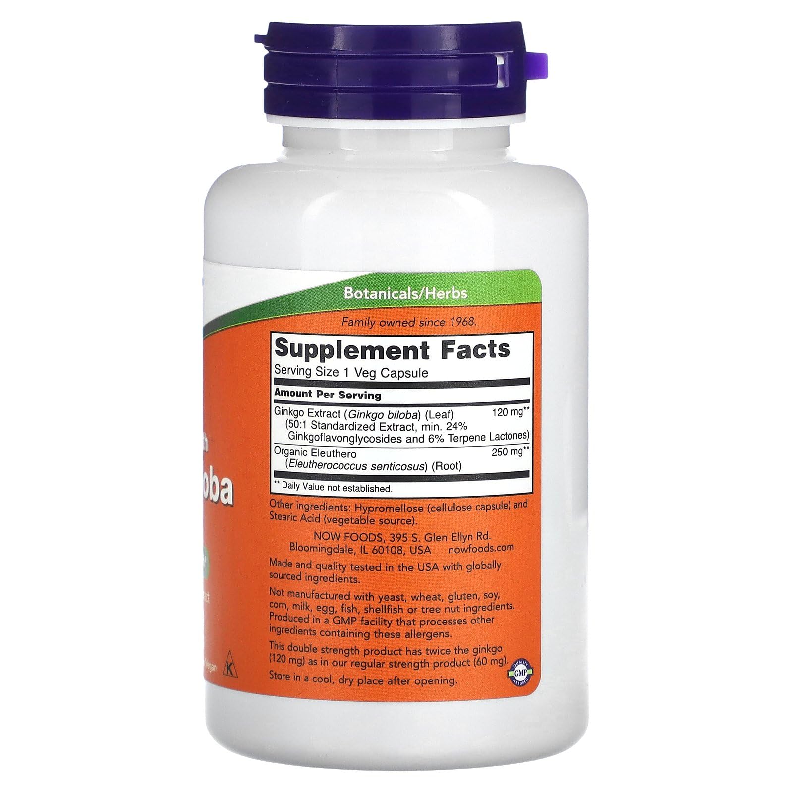 NOW Foods Ginkgo Biloba con Eleuthero, cápsulas visibles, suplemento vegetariano para enfoque diario.