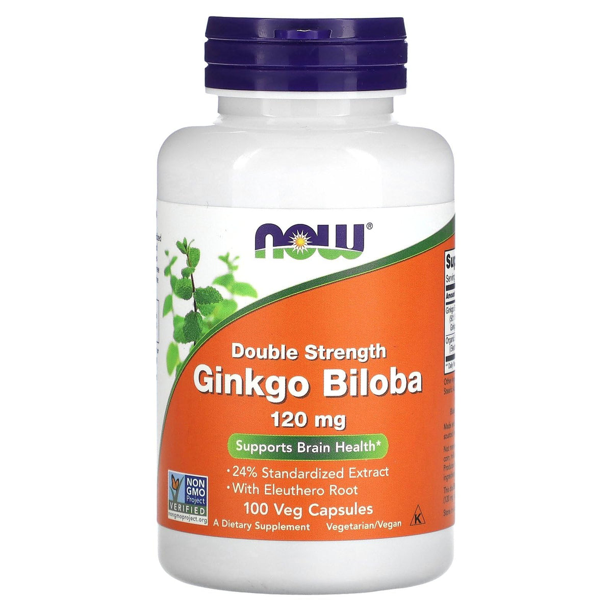 NOW Foods Ginkgo Biloba con Eleuthero, frasco frontal, posible apoyo a la atención y claridad mental.