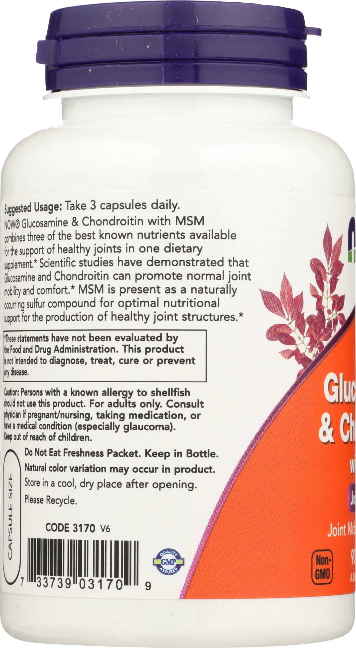Detalle de cápsulas NOW Foods Glucosamina Condroitina MSM, fácil de tragar