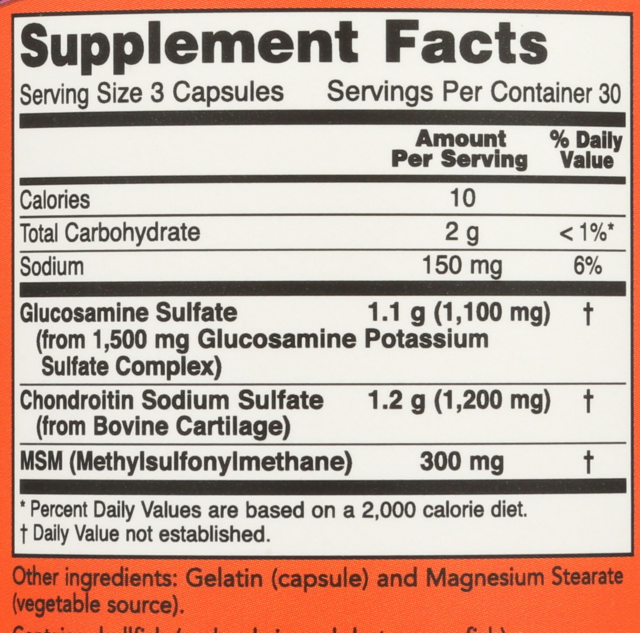 Etiqueta de NOW Foods Glucosamina Condroitina MSM con información clara