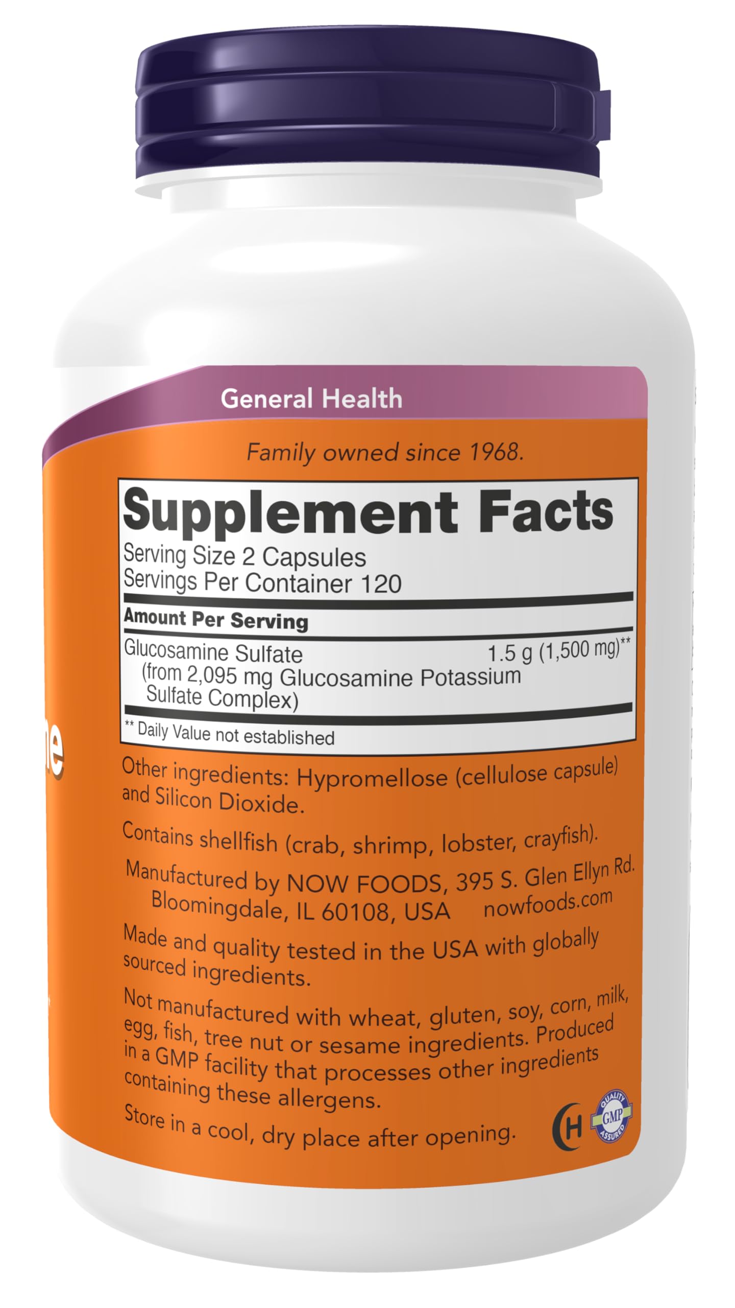 NOW Foods Glucosamina Sulfato 750 mg etiqueta: información clara de ingredientes y certificaciones.