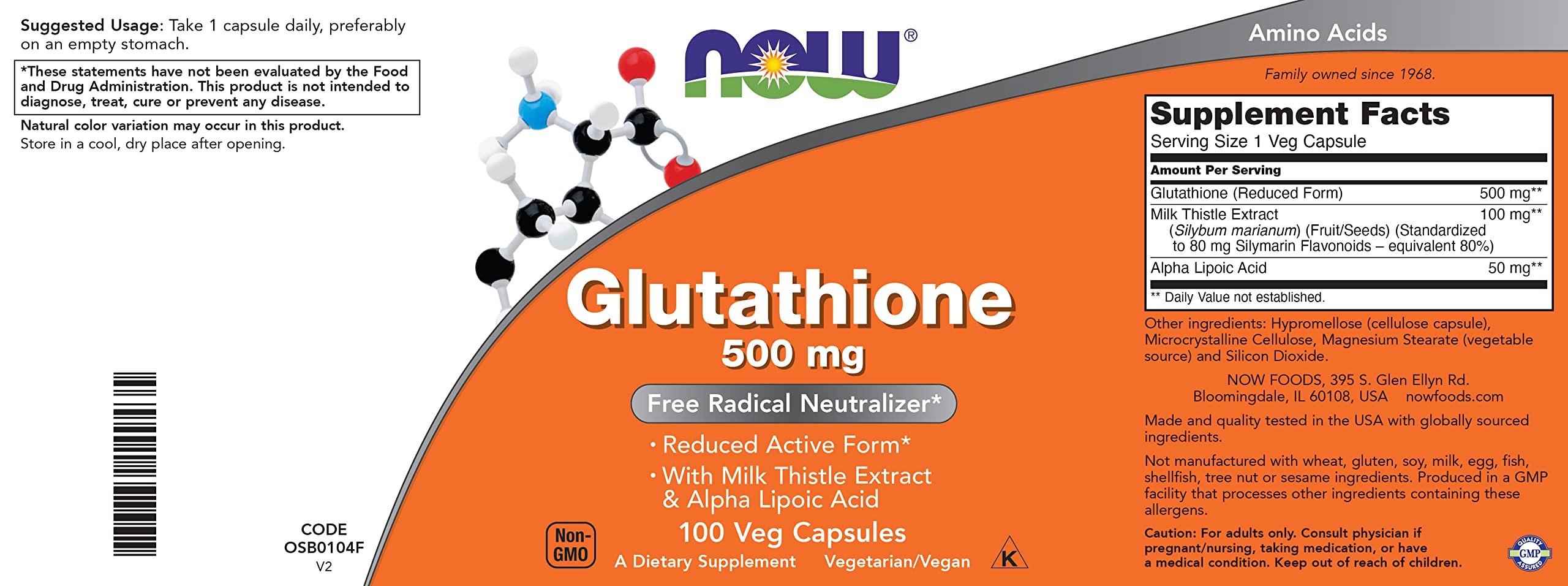 NOW Foods Glutatión 500 mg, forma activa para mejor absorción