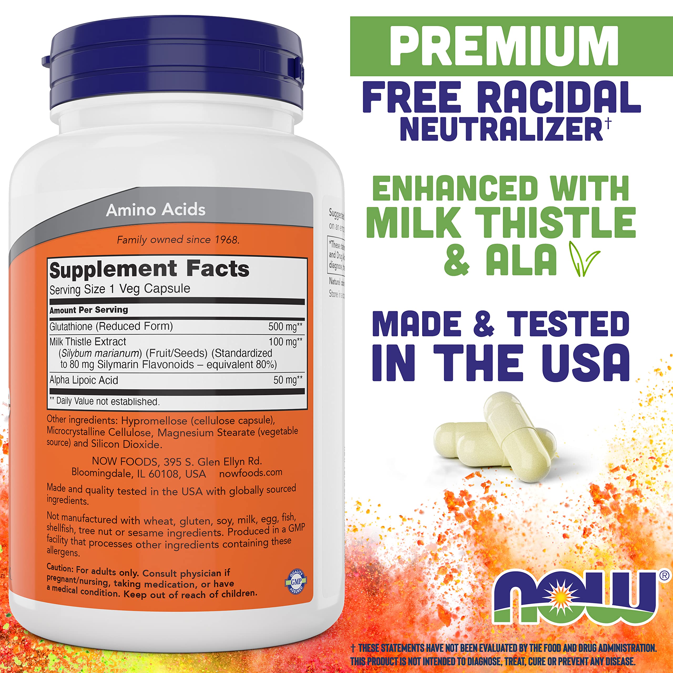 NOW Foods Glutatión 500 mg: frasco de cápsulas veganas fáciles de tomar