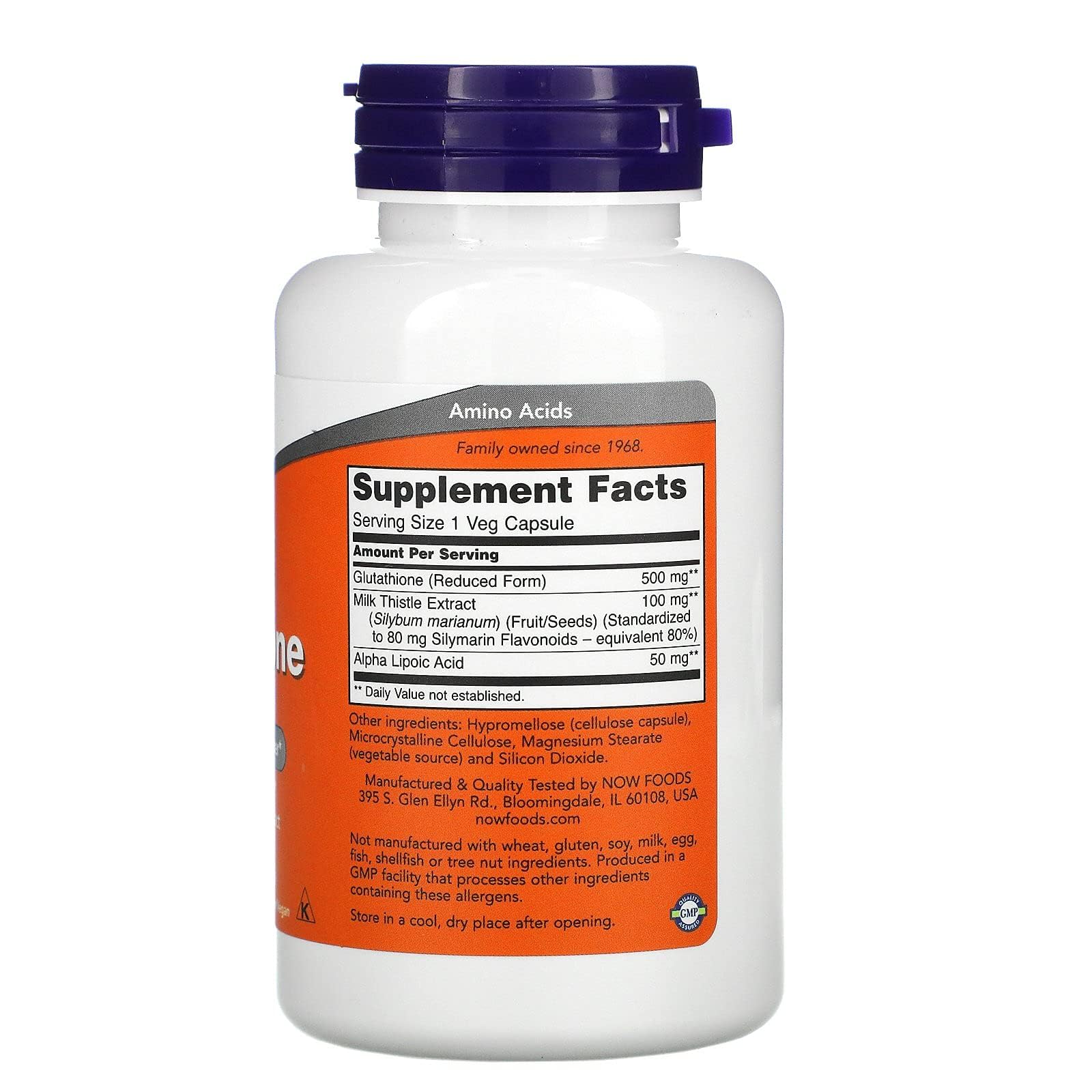 NOW Foods glutatión cápsulas vegetarianas 500 mg en etiqueta clara.