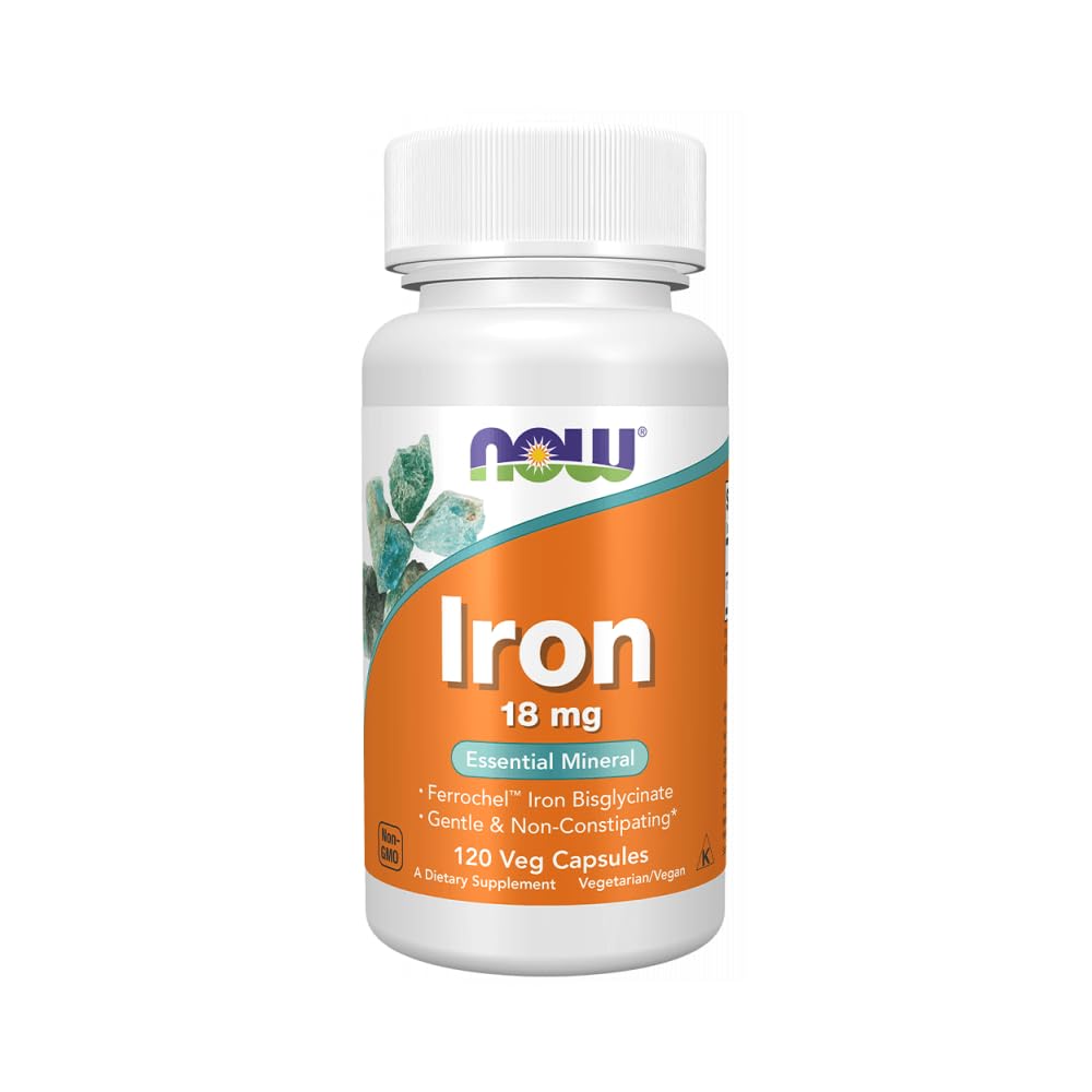 NOW Foods Hierro 18 mg, botella con cápsulas veganas para consumo diario.