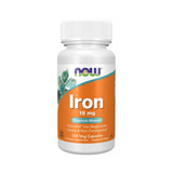 NOW Foods Hierro 18 mg, botella con cápsulas veganas para consumo diario.