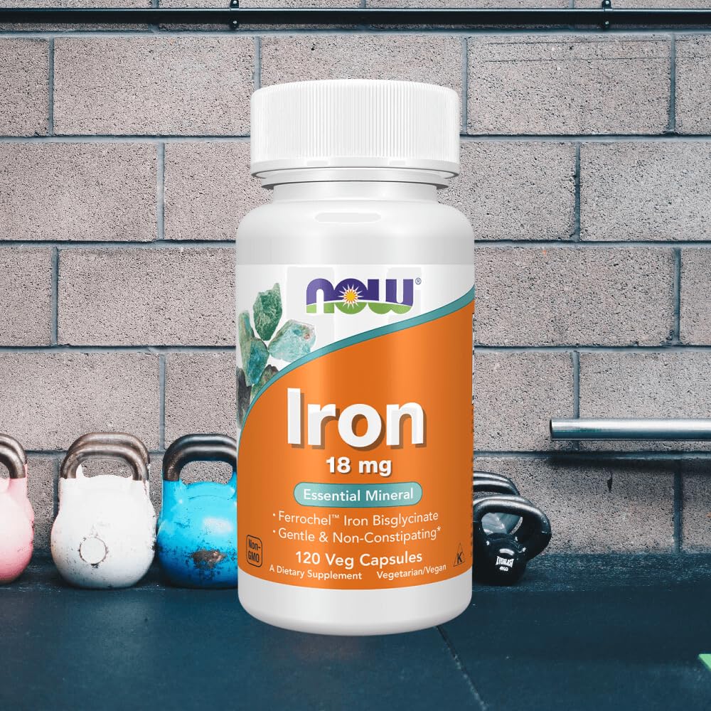 NOW Foods Hierro 18 mg, etiqueta clara con dosis recomendada para uso diario.
