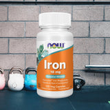 NOW Foods Hierro 18 mg, etiqueta clara con dosis recomendada para uso diario.