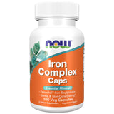 NOW Foods Hierro Complex cápsulas, vista frontal de la botella, apoya la absorción de hierro.