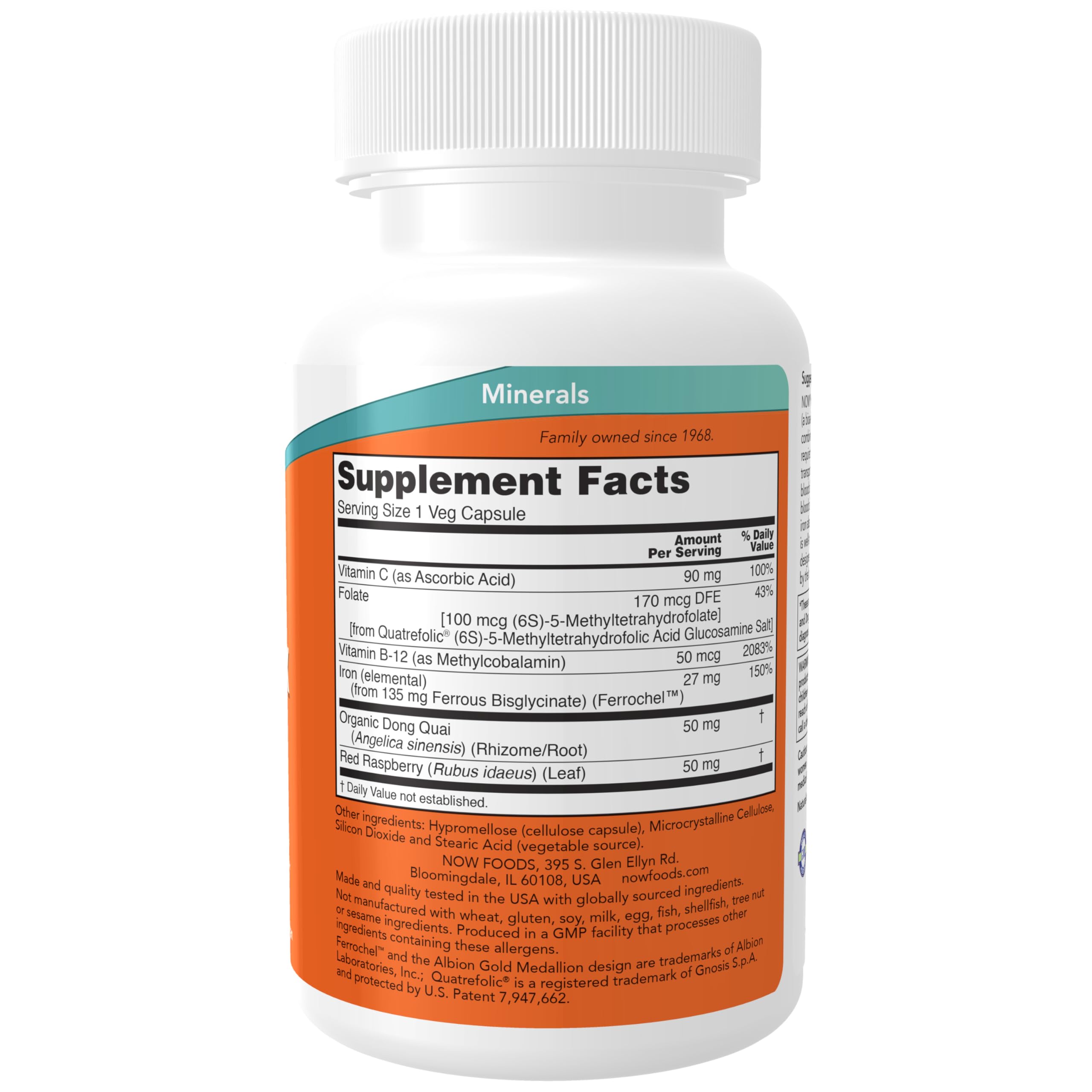 NOW Foods Hierro Complex cápsulas, etiqueta detallada, muestra co-nutrientes para una mejor asimilación.