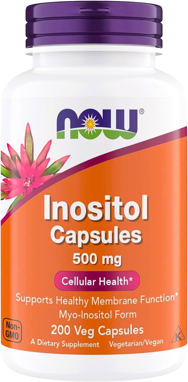 NOW Foods Inositol 500 mg, botella con cápsulas para uso diario y posible apoyo a la función celular.