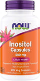 NOW Foods Inositol 500 mg, botella con cápsulas para uso diario y posible apoyo a la función celular.