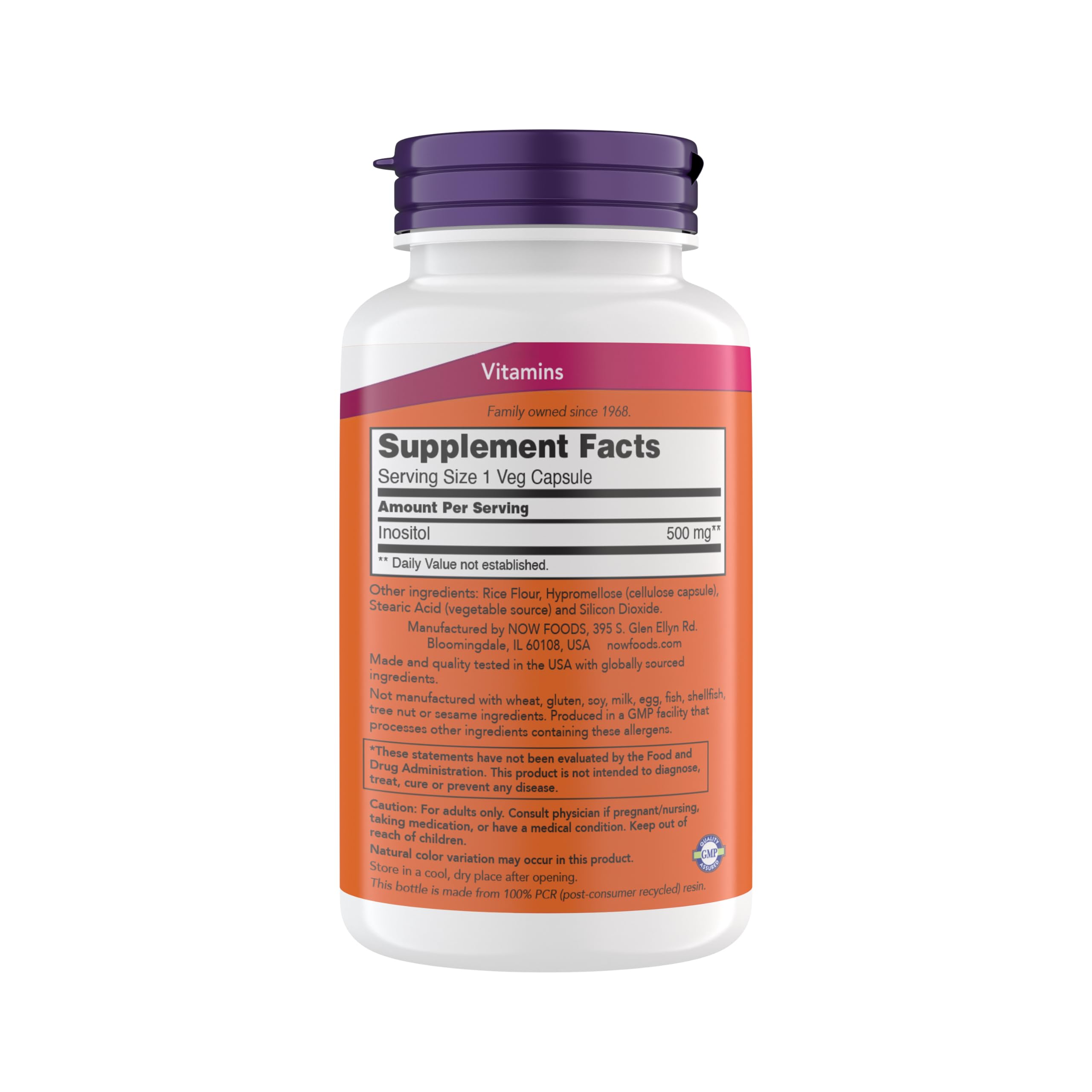 NOW Foods Inositol 500 mg, cápsulas visibles en frasco para rutina diaria.