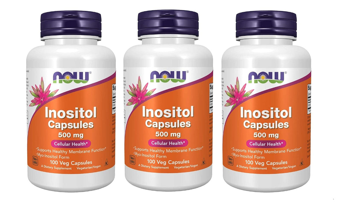 NOW Foods Inositol 500mg en botella, soporte para membranas celulares y bienestar diario.